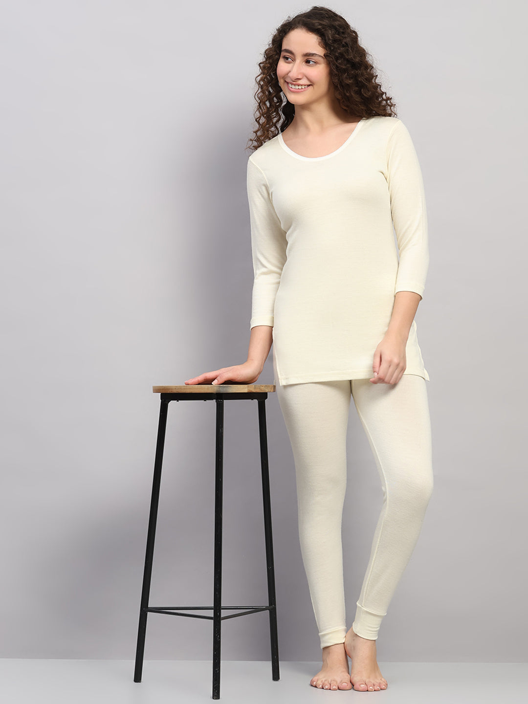 Women Cream Solid Regular Fit Thermal Lower