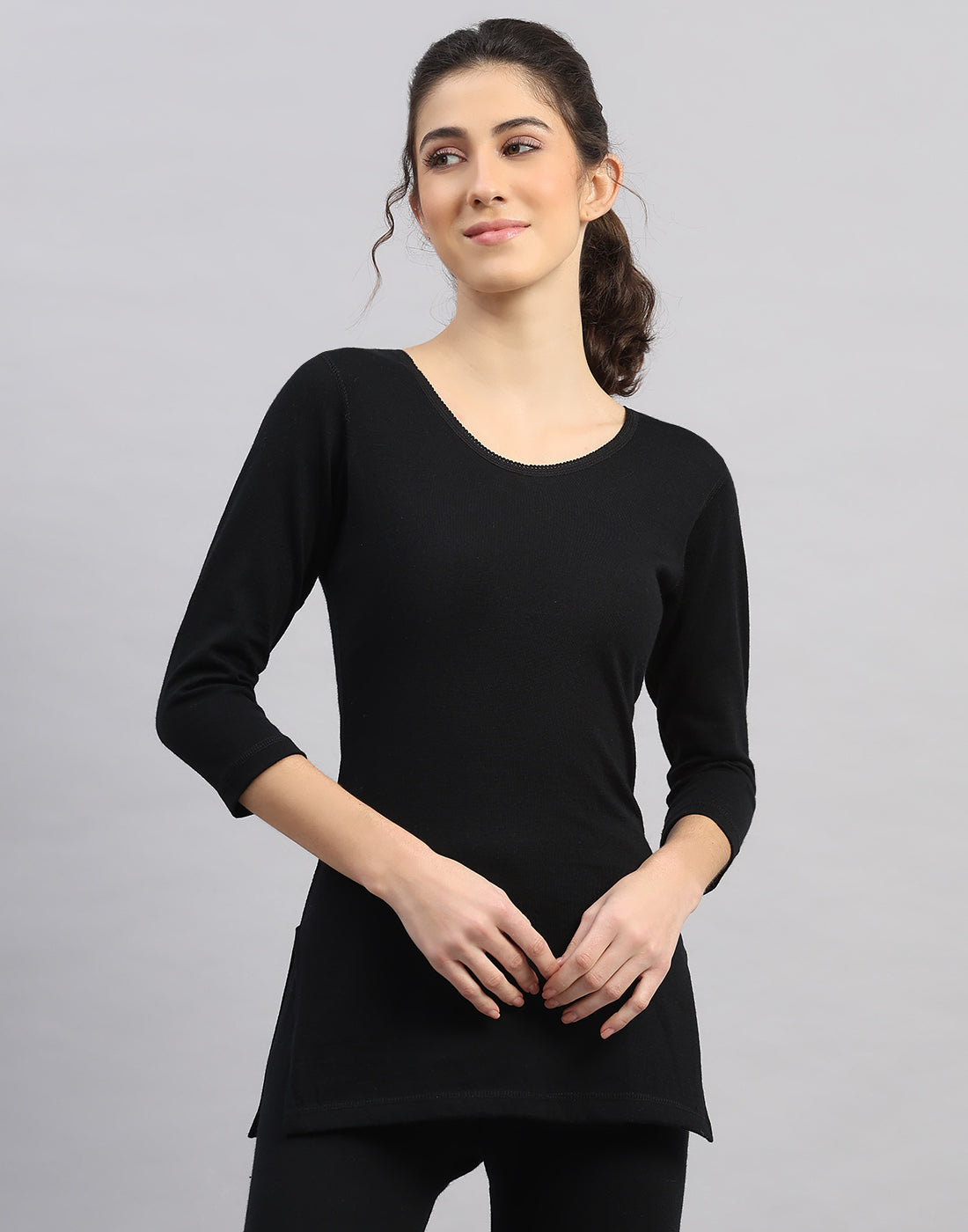 Women Black Solid V Neck 3/4th Sleeve Thermal Vest
