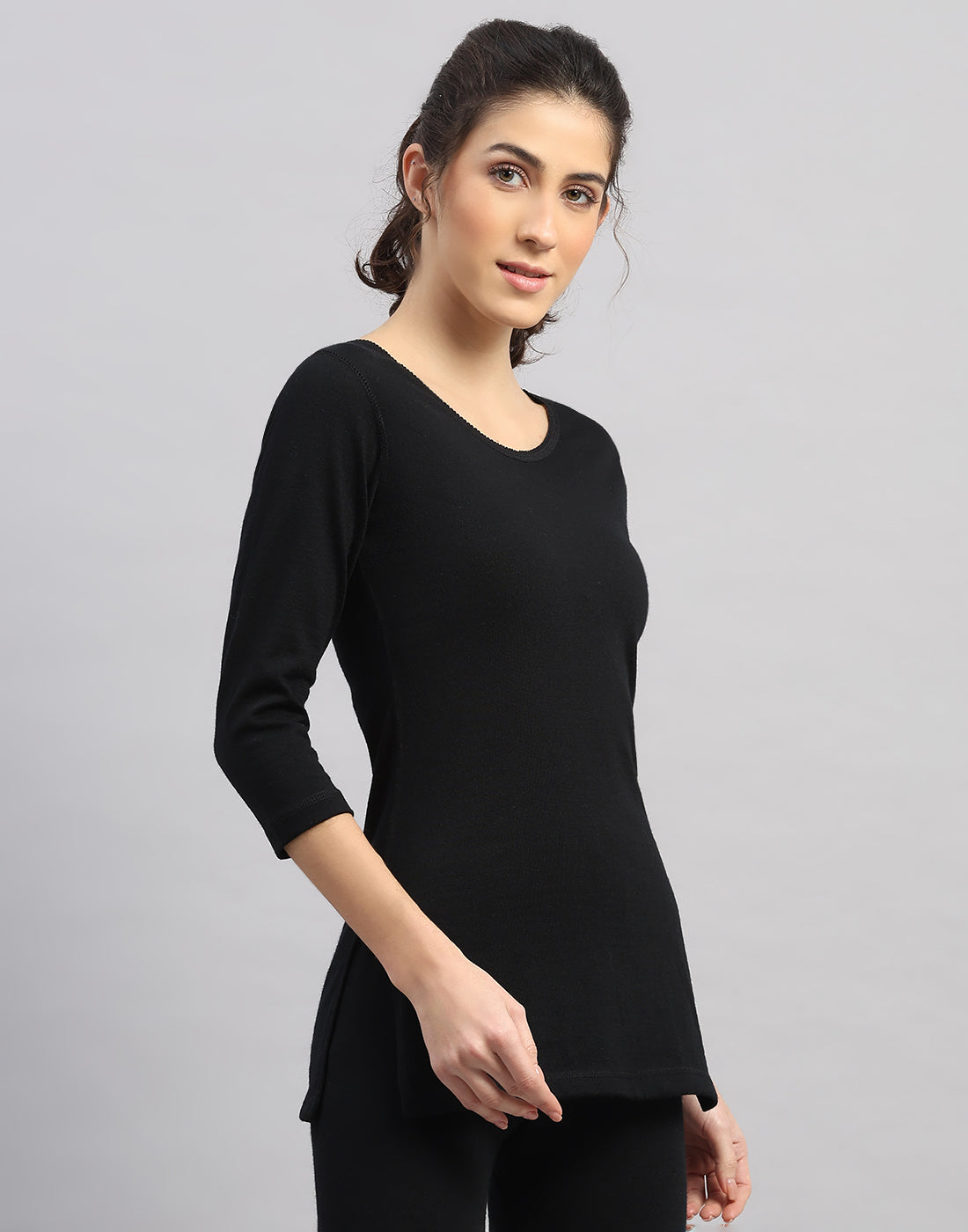 Women Black Solid V Neck 3/4th Sleeve Thermal Vest
