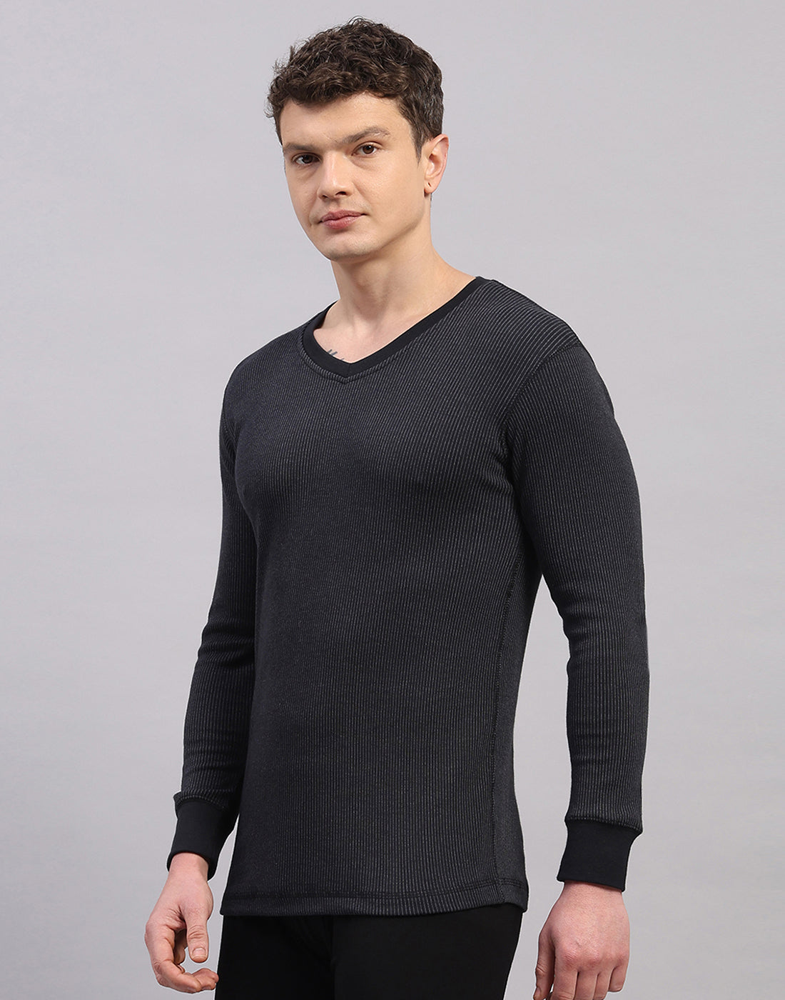 Men Black Solid V Neck Full Sleeve Thermal Vest