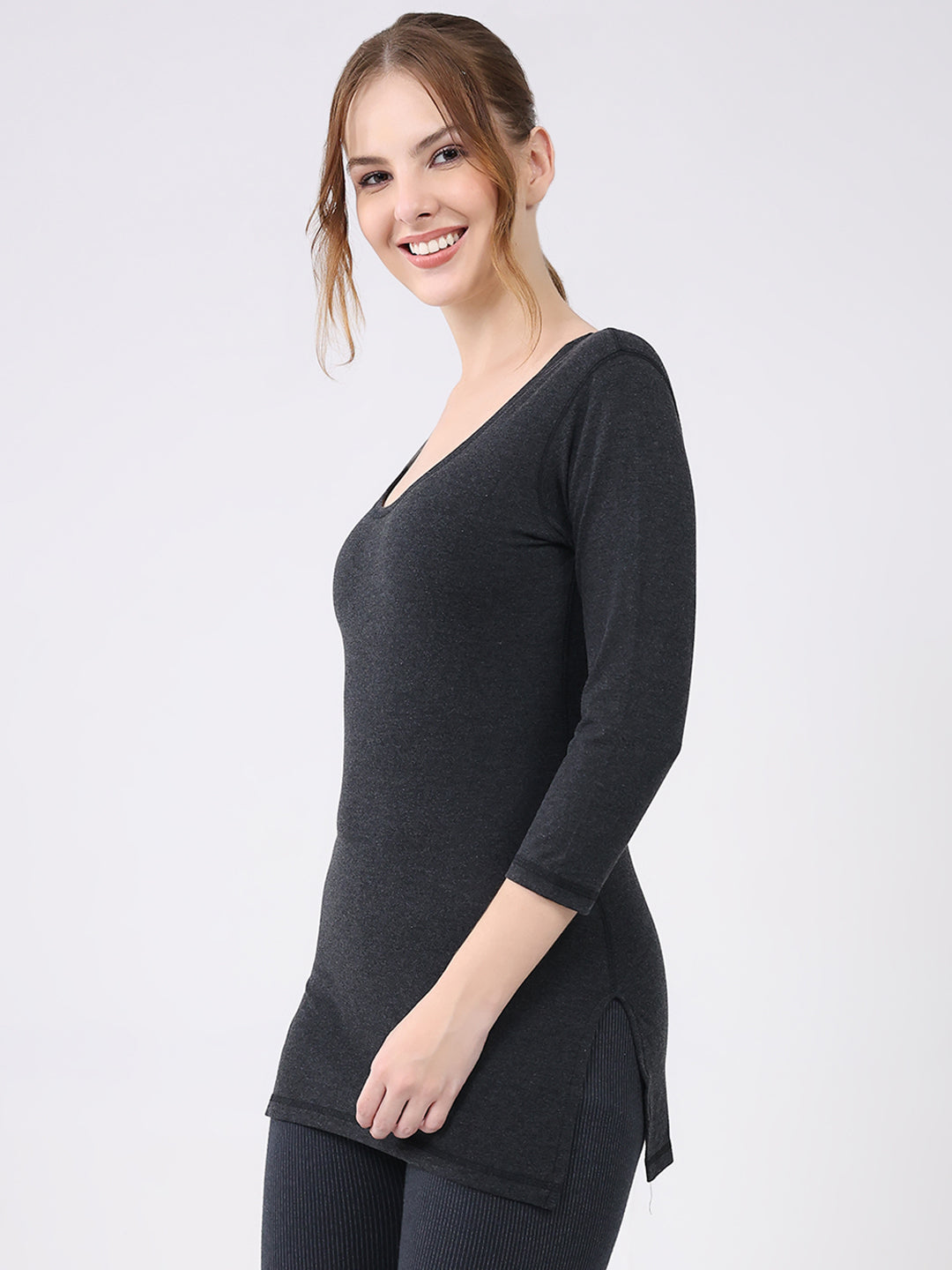 Women Charcoal Solid Round Neck 3/4th Sleeve Thermal Vest