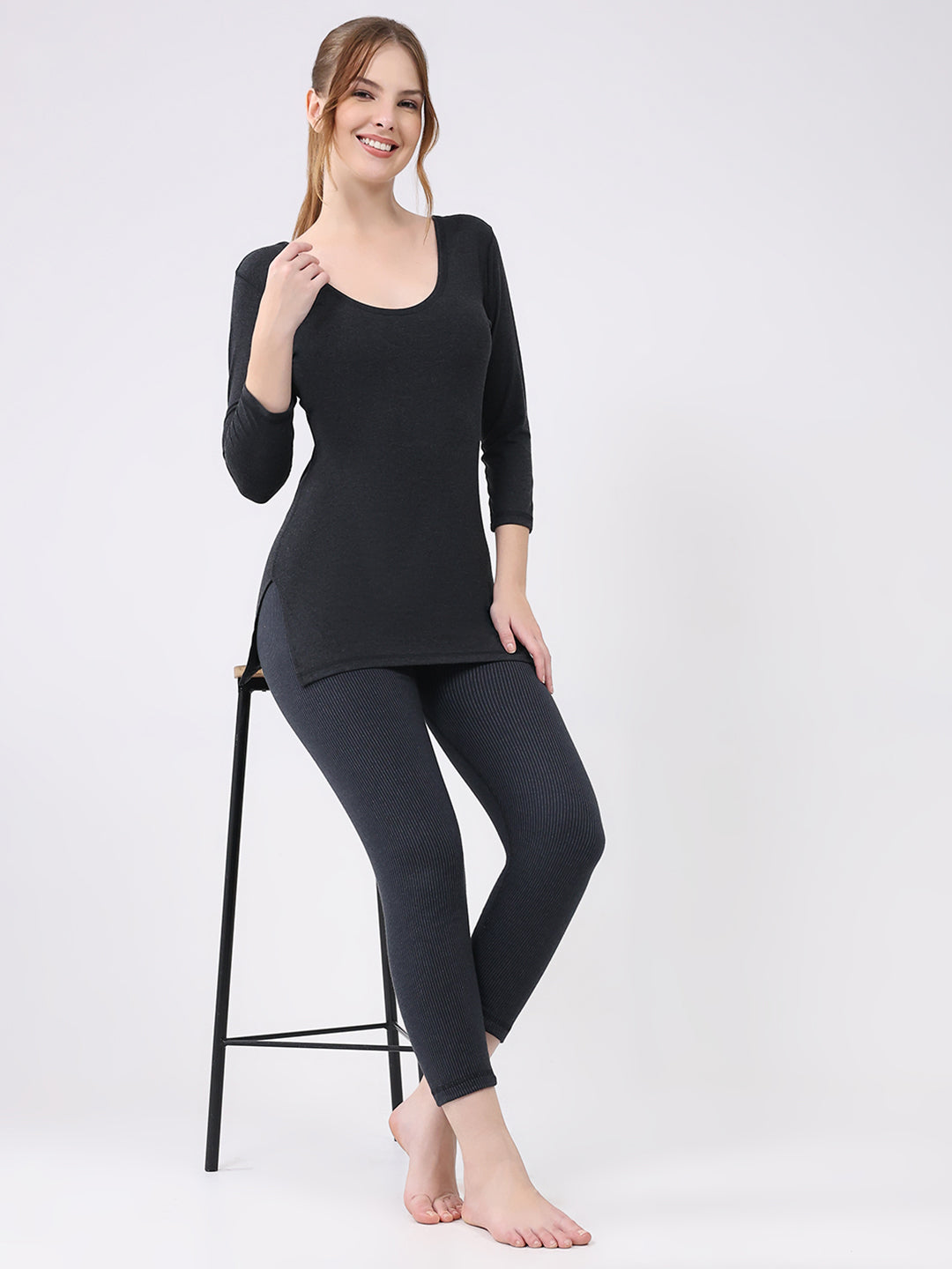 Women Charcoal Solid Round Neck 3/4th Sleeve Thermal Vest
