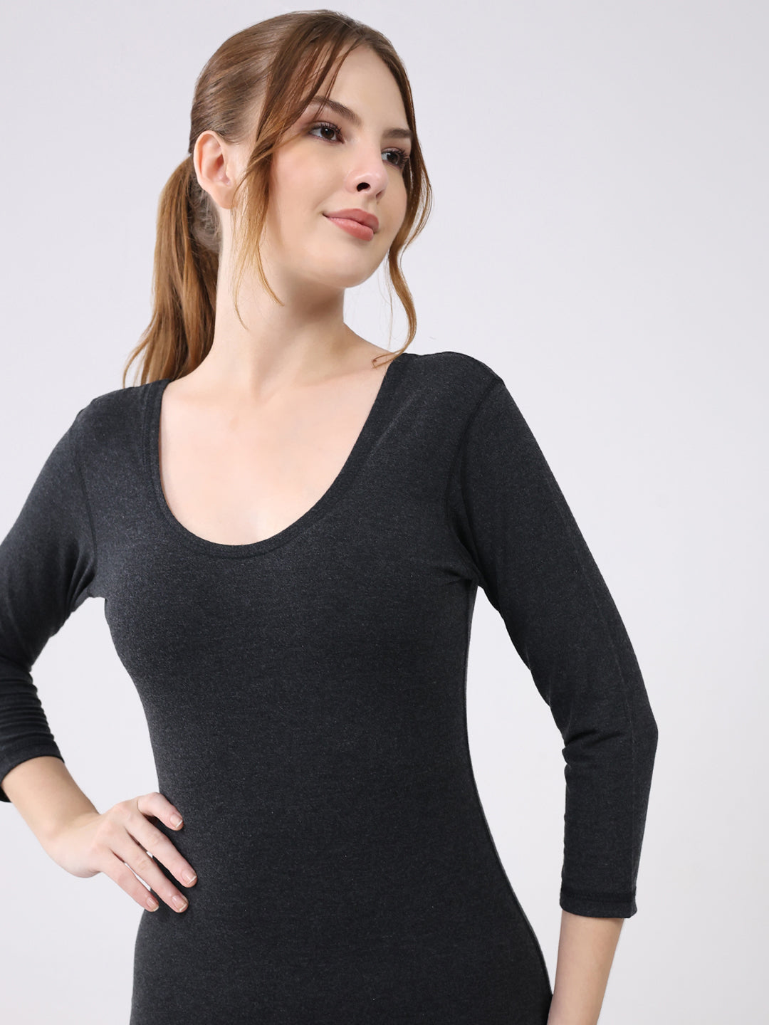 Women Charcoal Solid Round Neck 3/4th Sleeve Thermal Vest