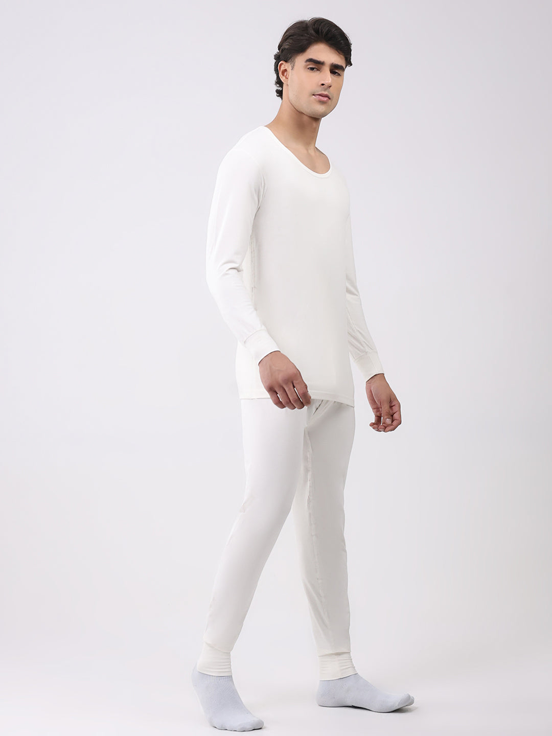 Men White Solid Thermal Lower