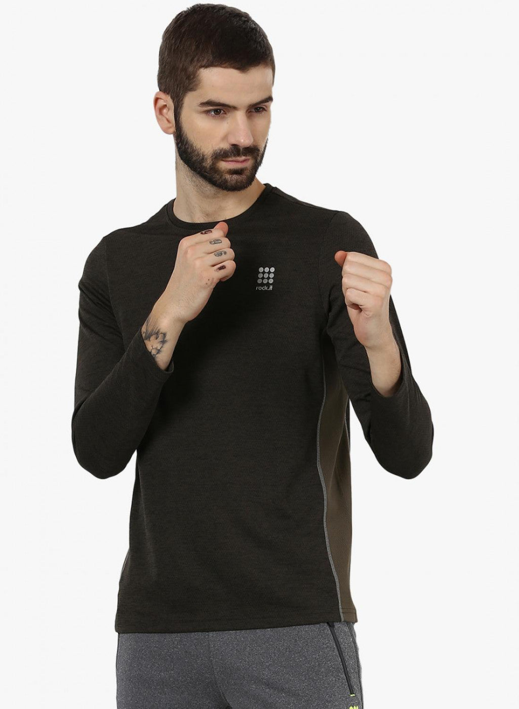 Rockit Olive Milange Olive Round Neck Smart Fit T-Shirt