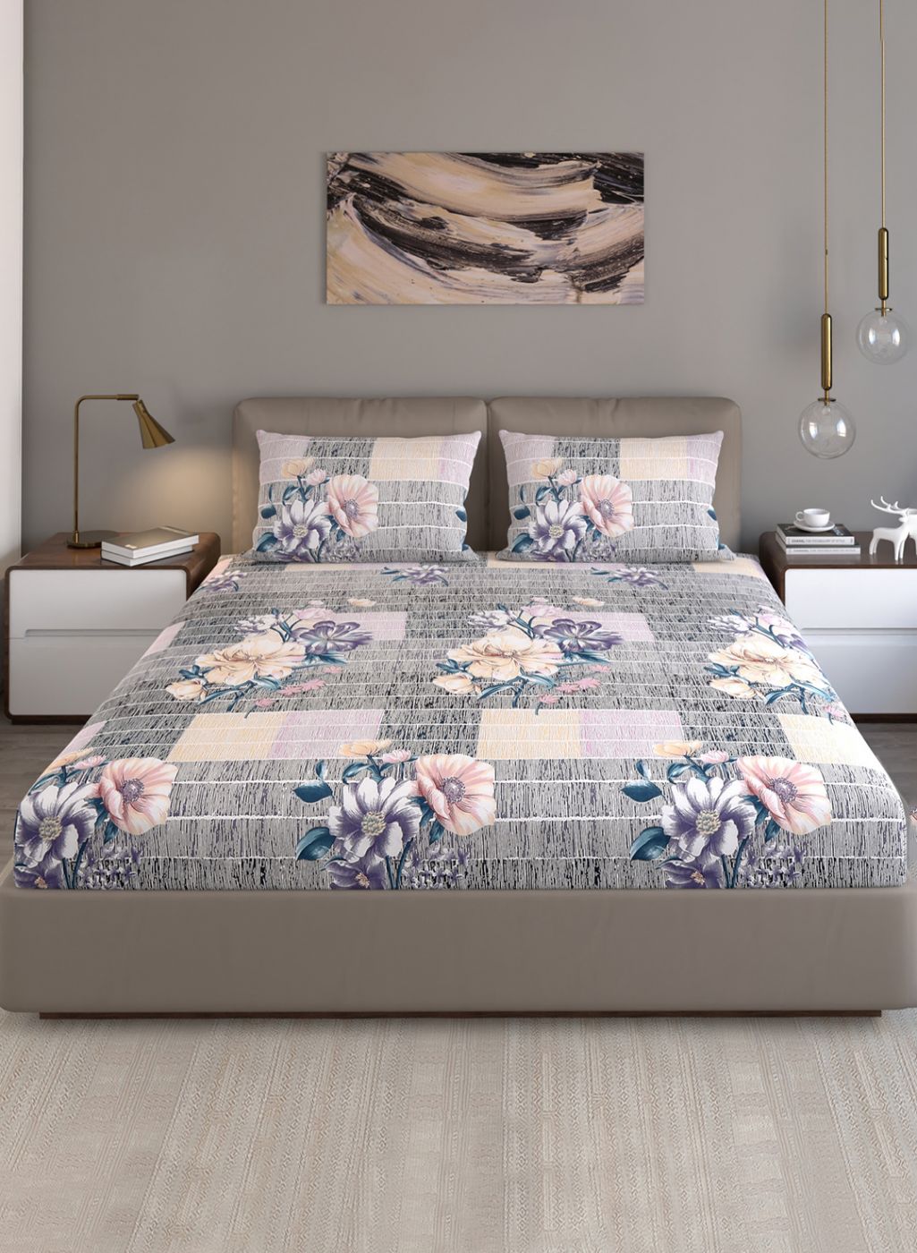 130 GSM Polyester Queen Bedsheet with 2 Pillow Covers