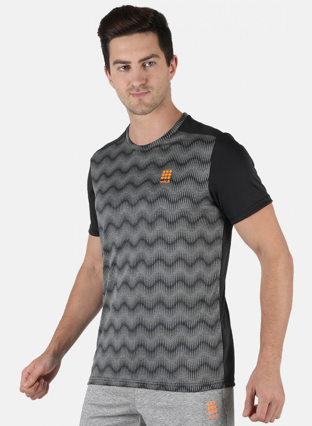 Men Black Self Design Round Neck T-Shirt