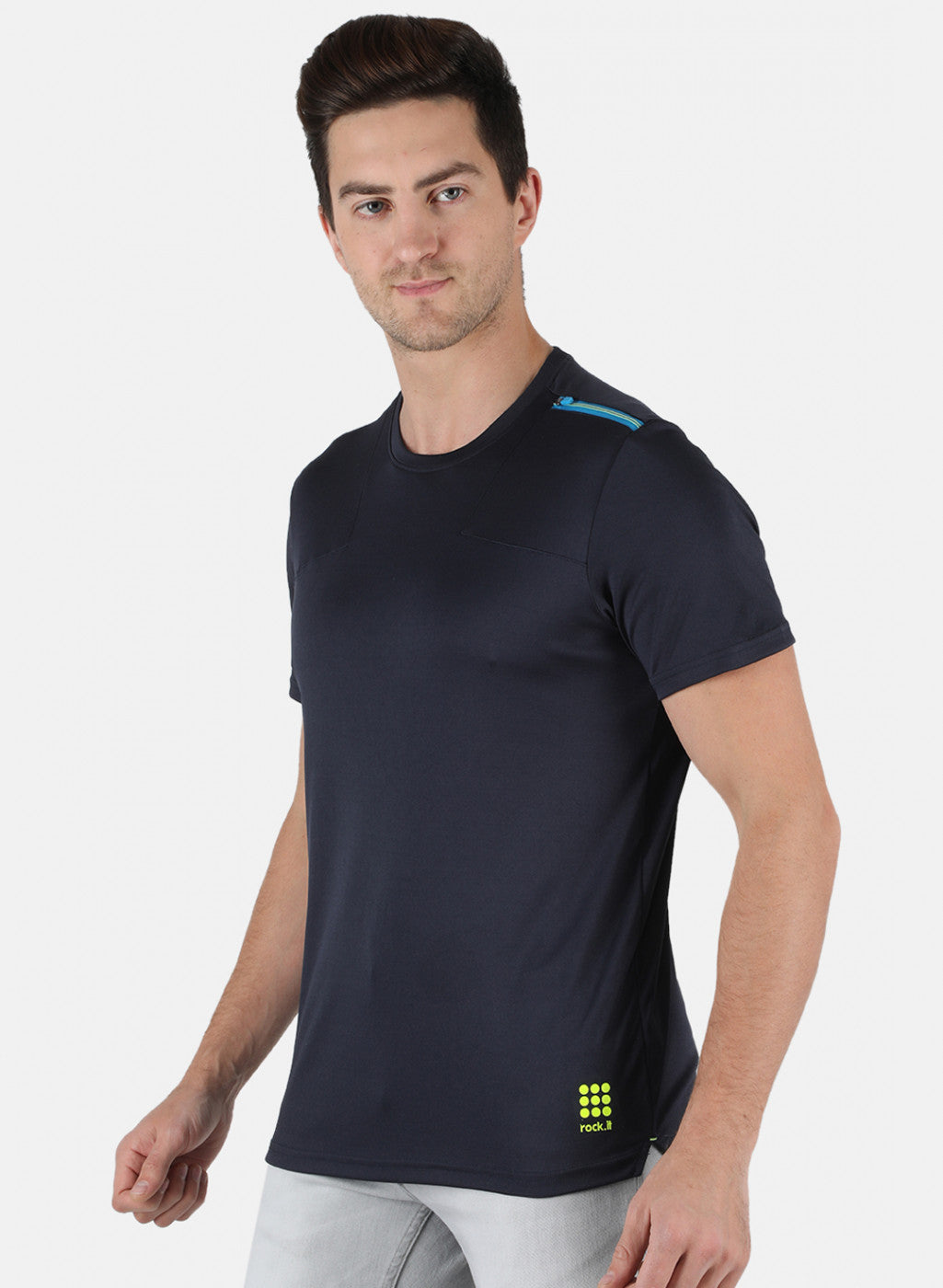 Men NAvy Blue Self Design Round Neck T-Shirt
