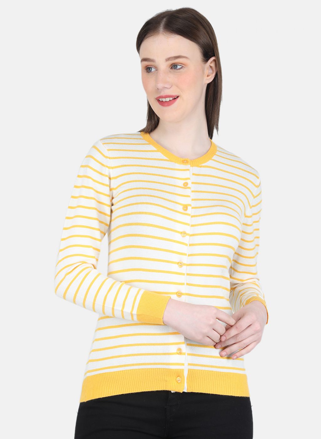 Women Yellow Self Design Cardigan