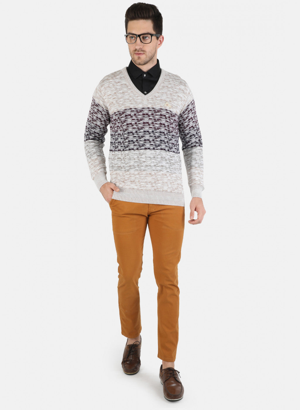Men Brown Self Design Pullover