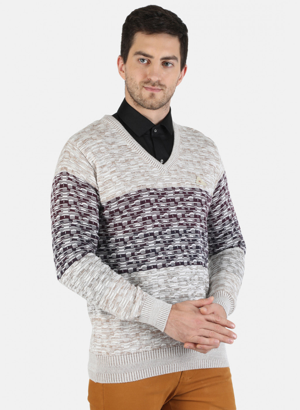 Men Brown Self Design Pullover