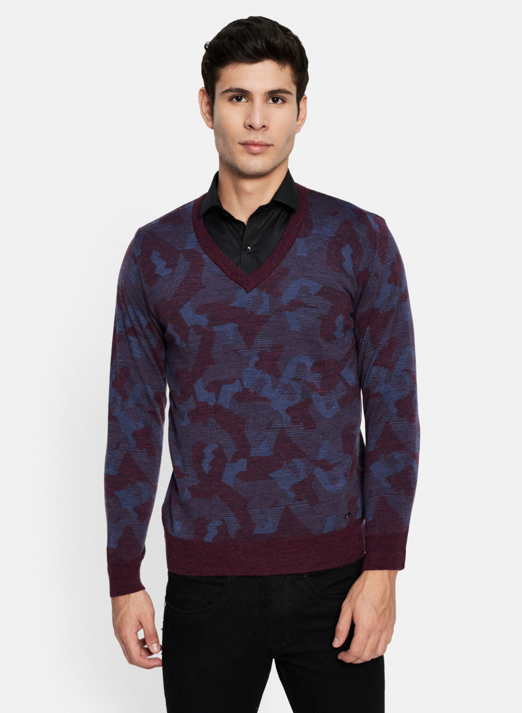 Men Blue & Brown Solid Pullover