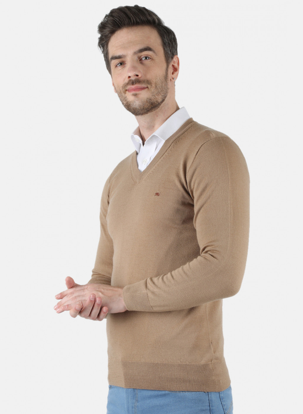 Men Beige Solid Pullover