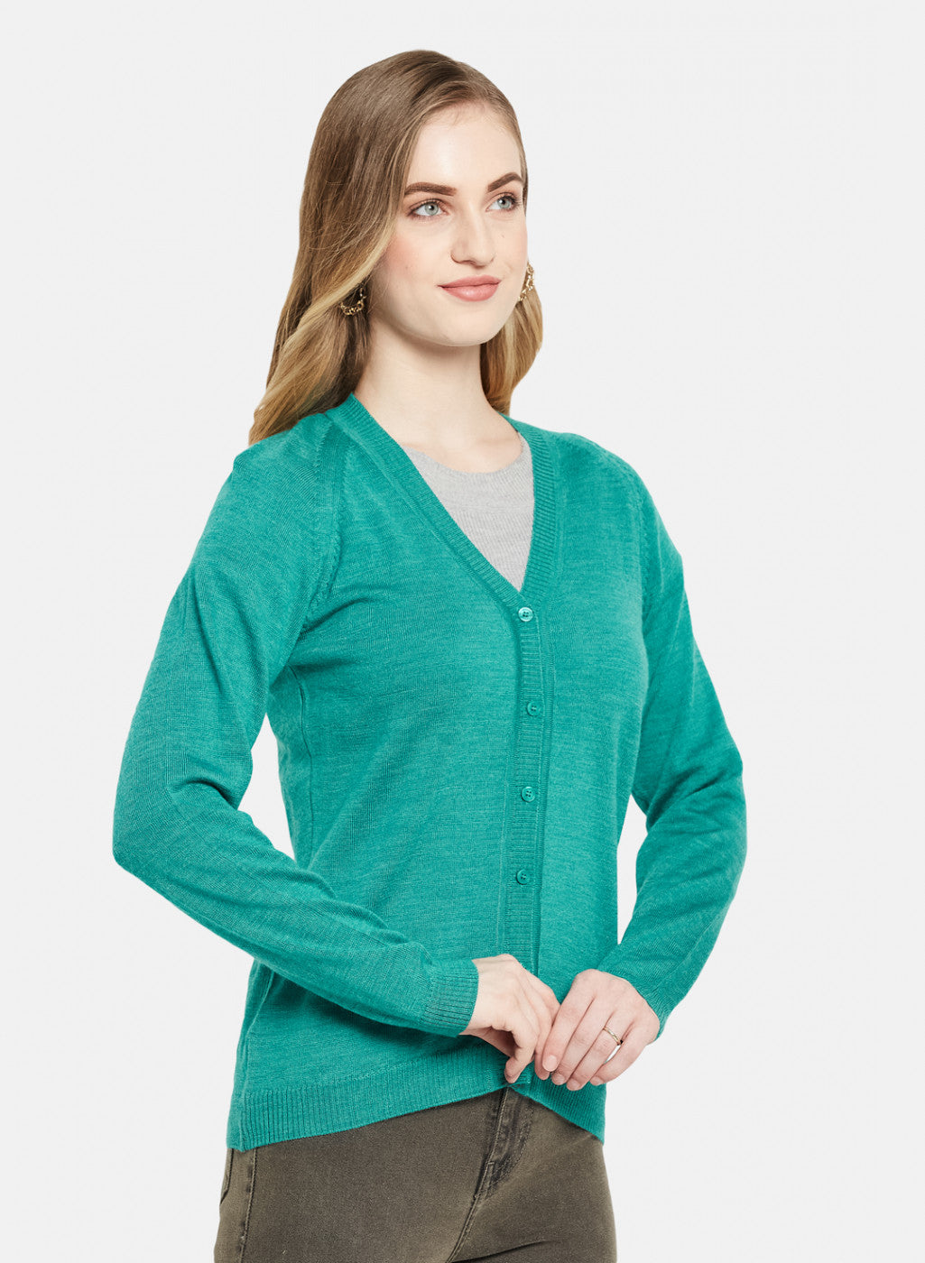 Women Aqua Green Solid Cardigan