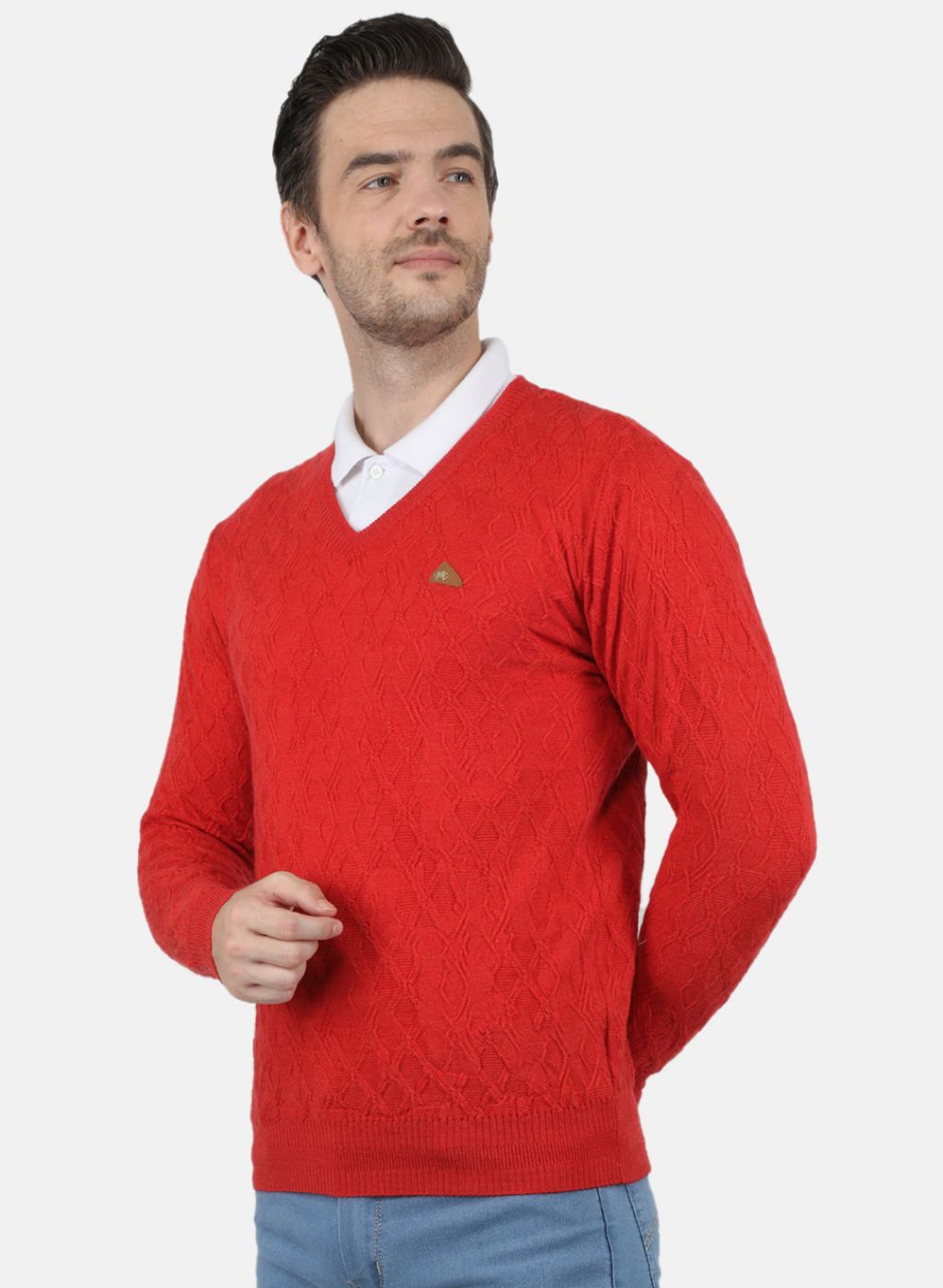Men Red Self Design Pullover