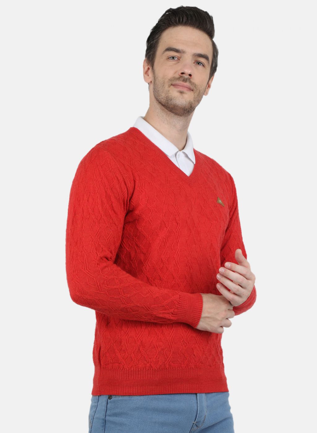 Men Red Self Design Pullover