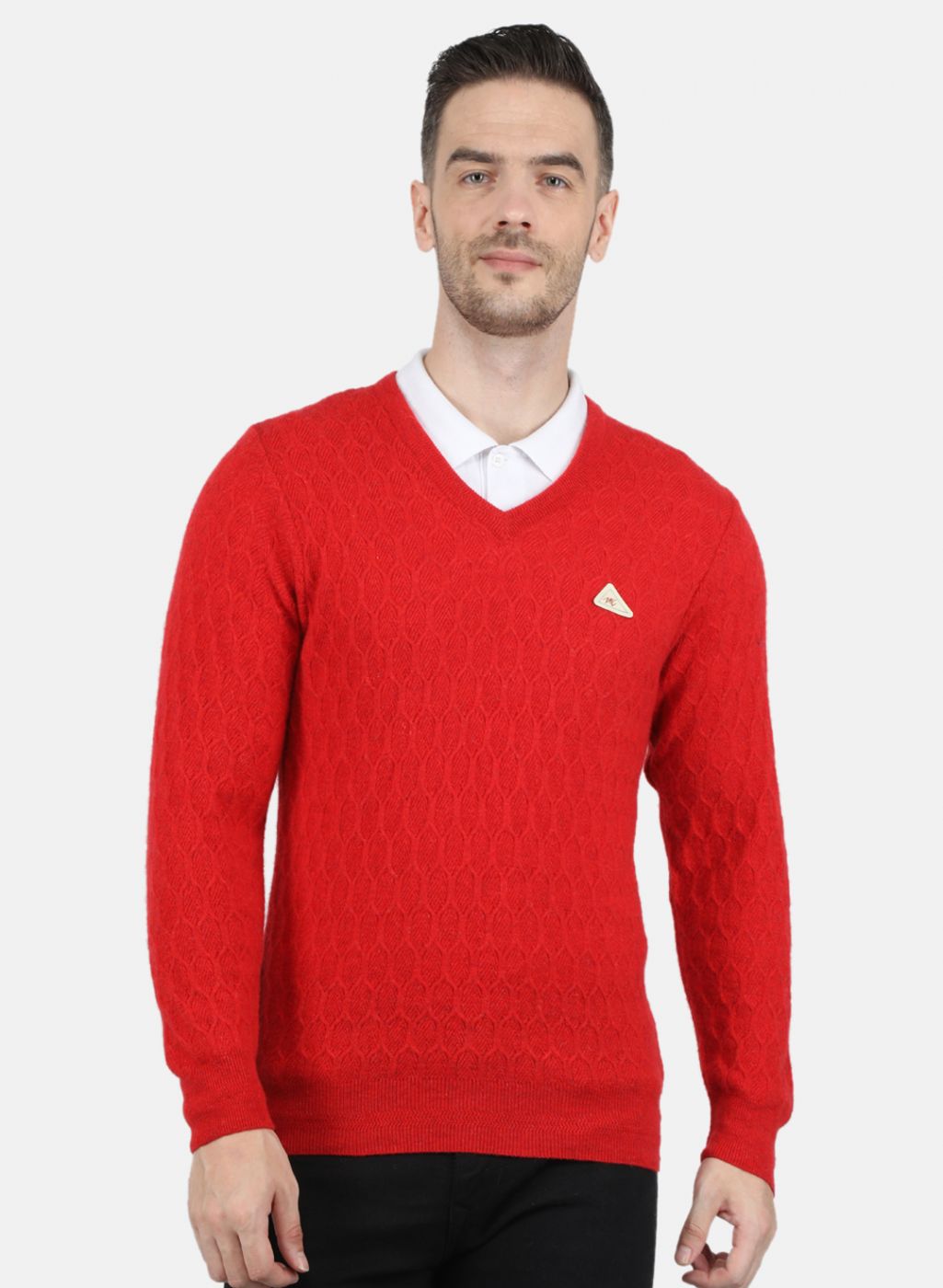 Men Red Self Design Pullover