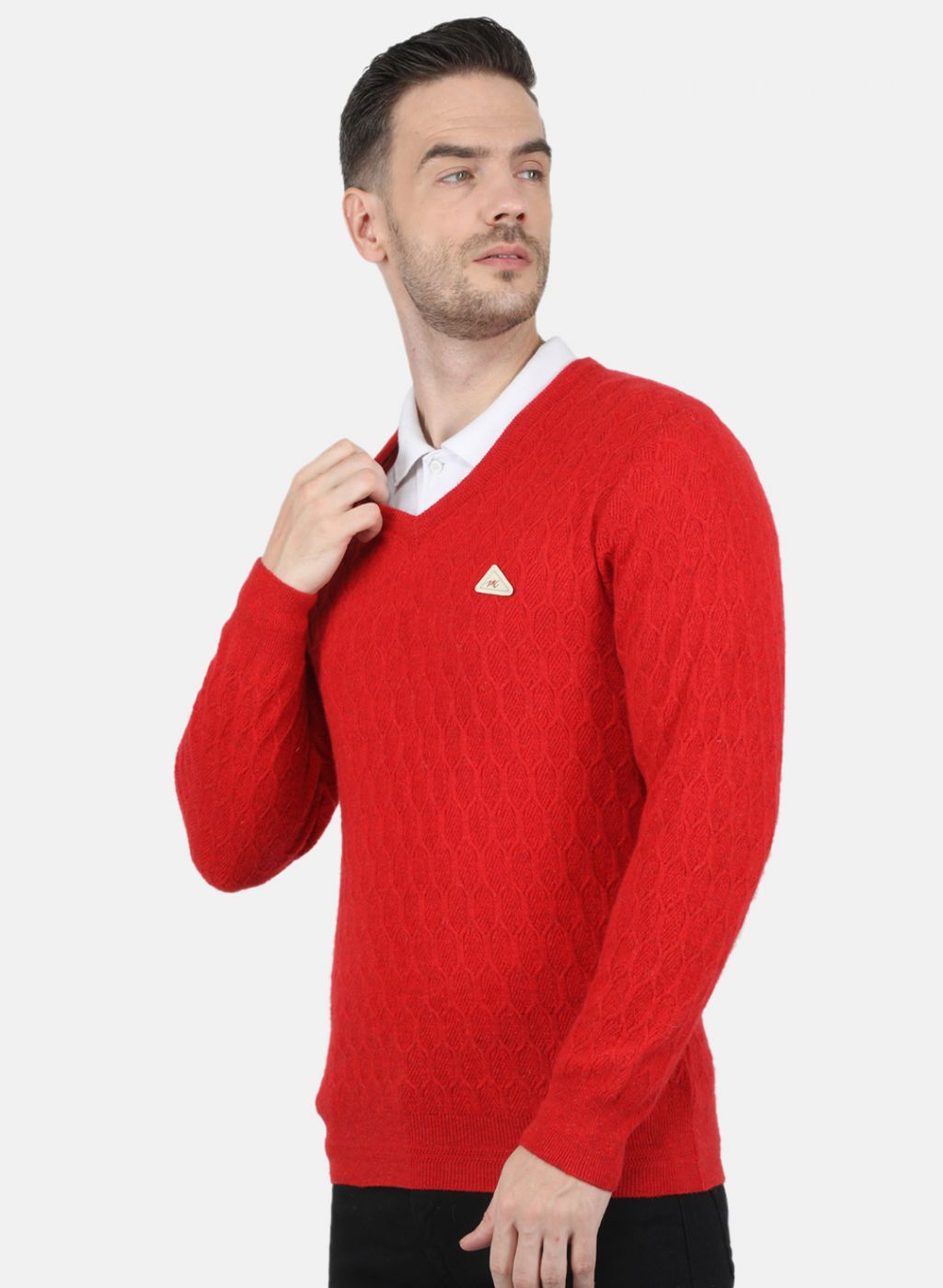 Men Red Self Design Pullover