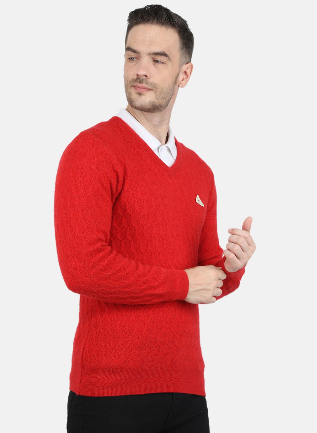 Men Red Self Design Pullover