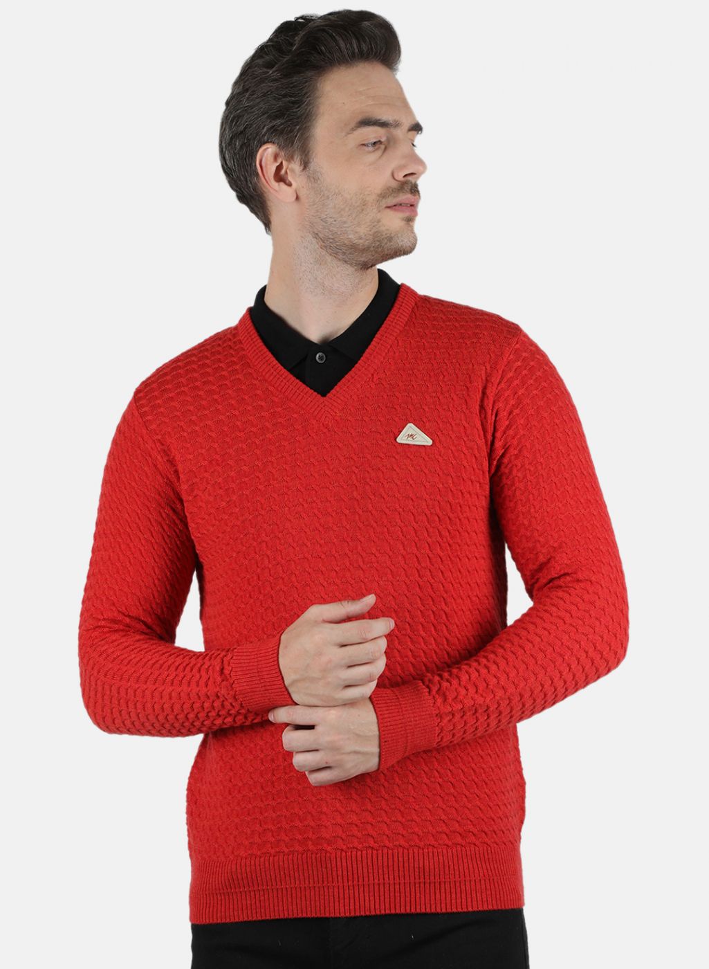 Men Red Self Design Pullover