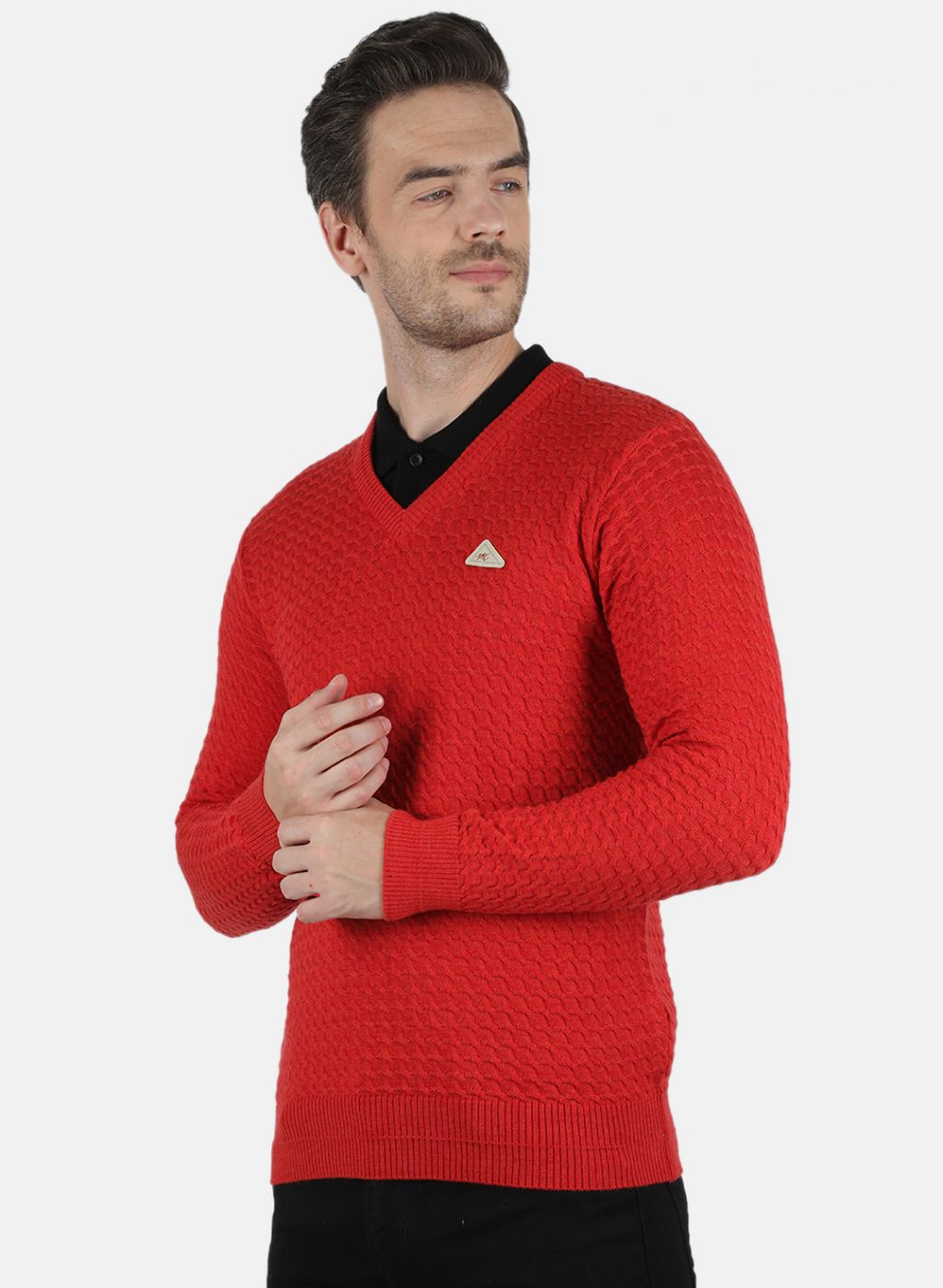 Men Red Self Design Pullover