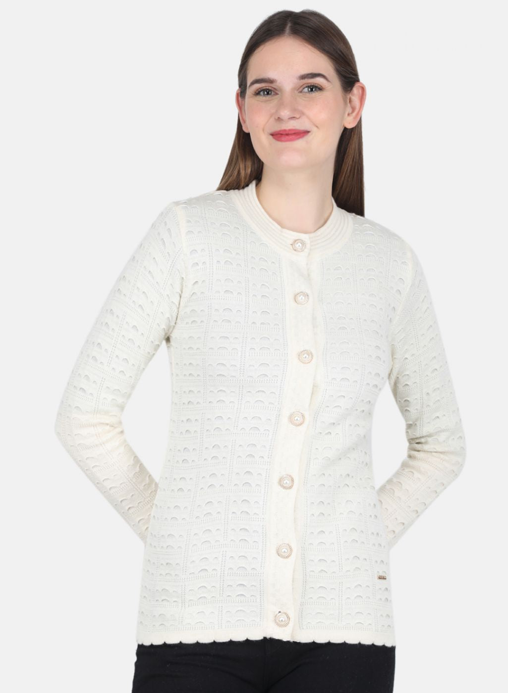 Women Off White Self design Cardigan