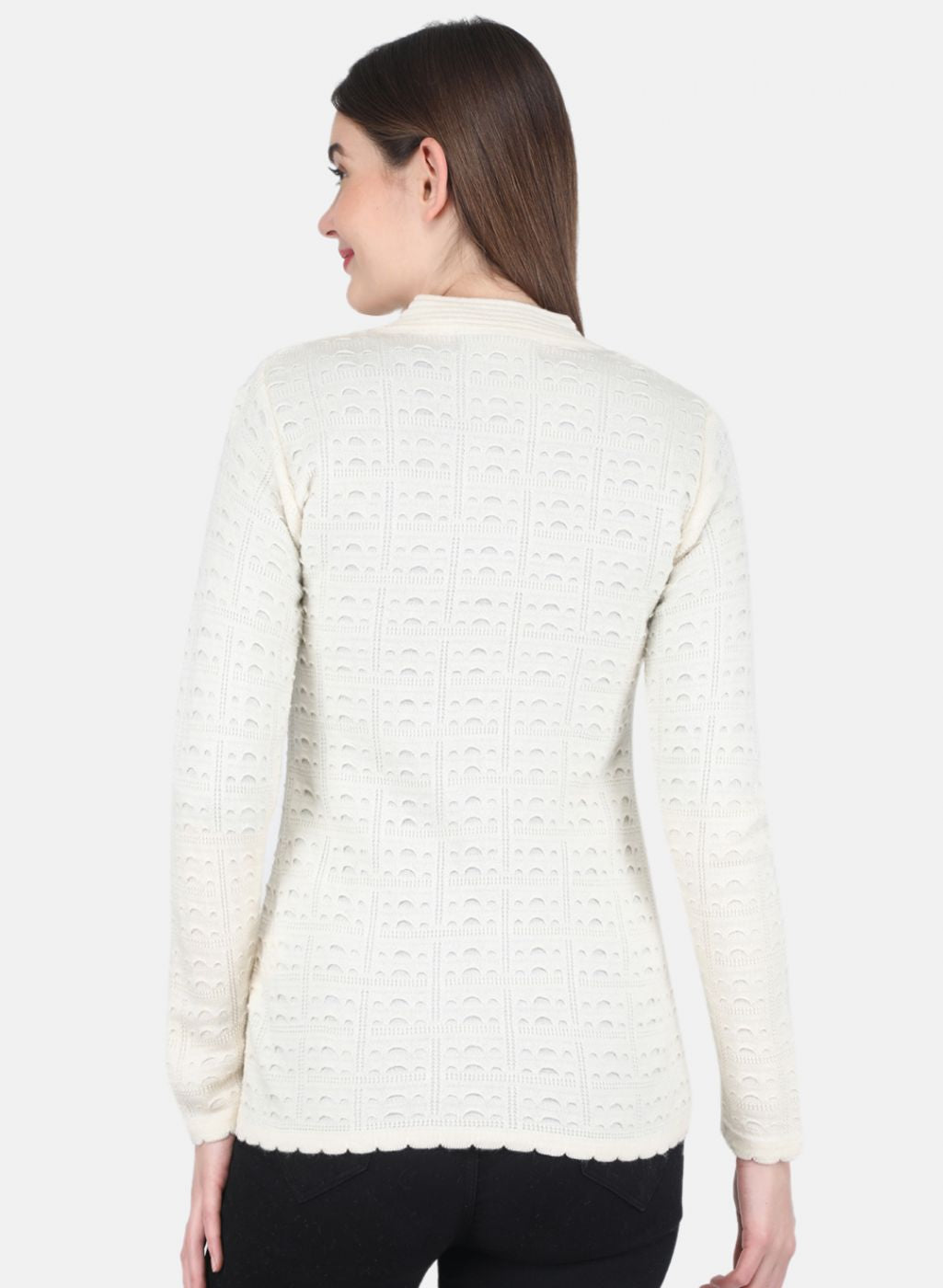 Women Off White Self design Cardigan