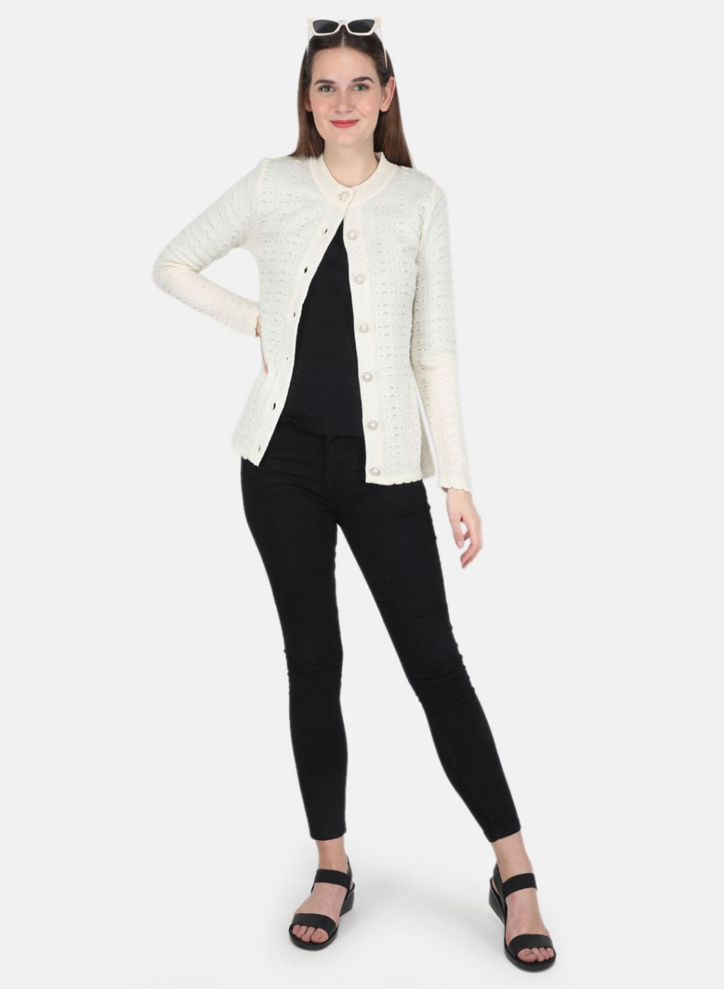 Women Off White Self design Cardigan