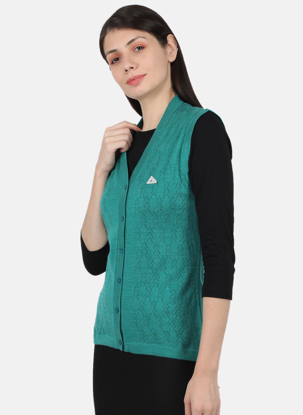 Women Sea Green Self Design Cardigan