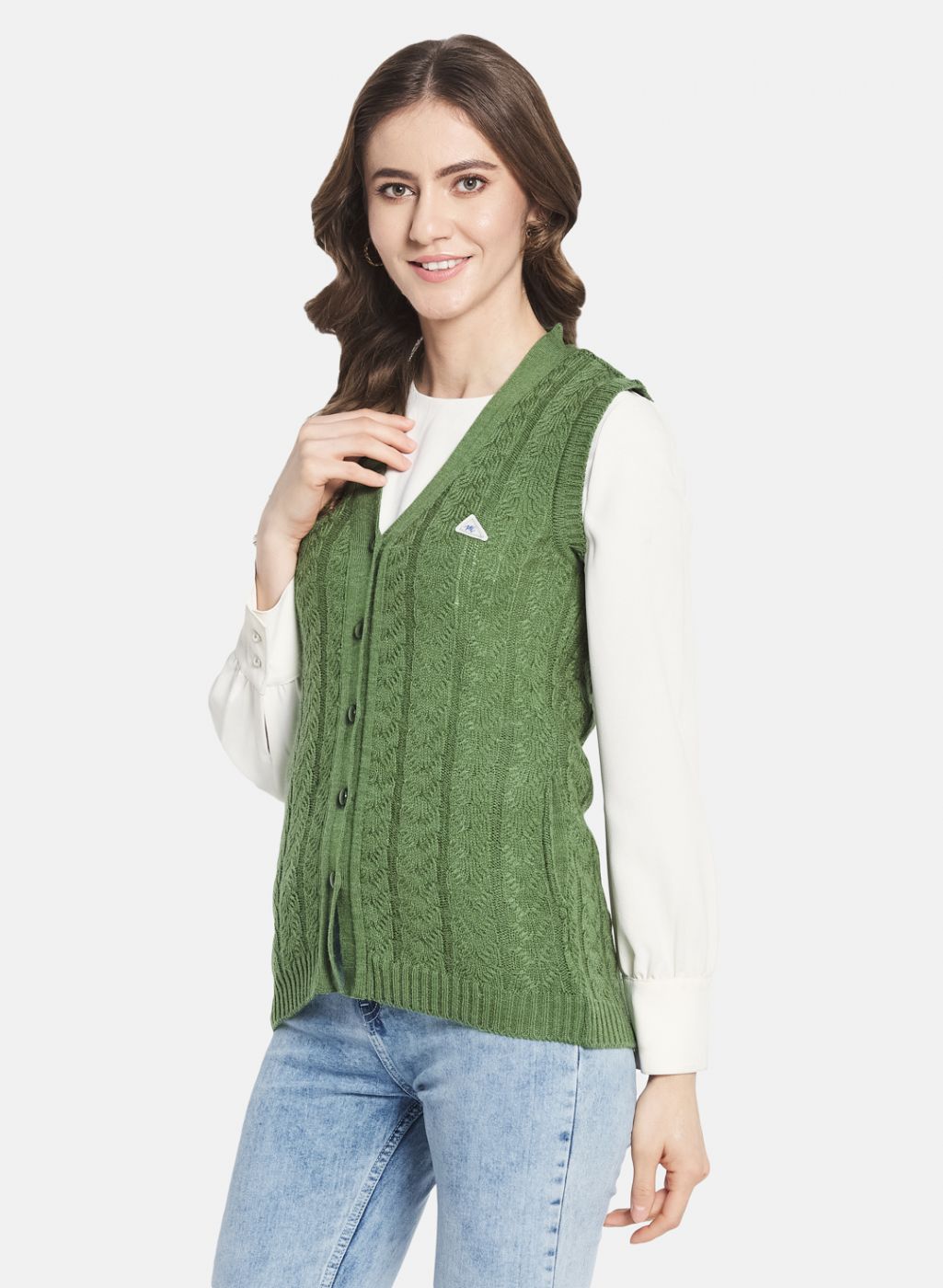 Women Green Self Design Cardigan