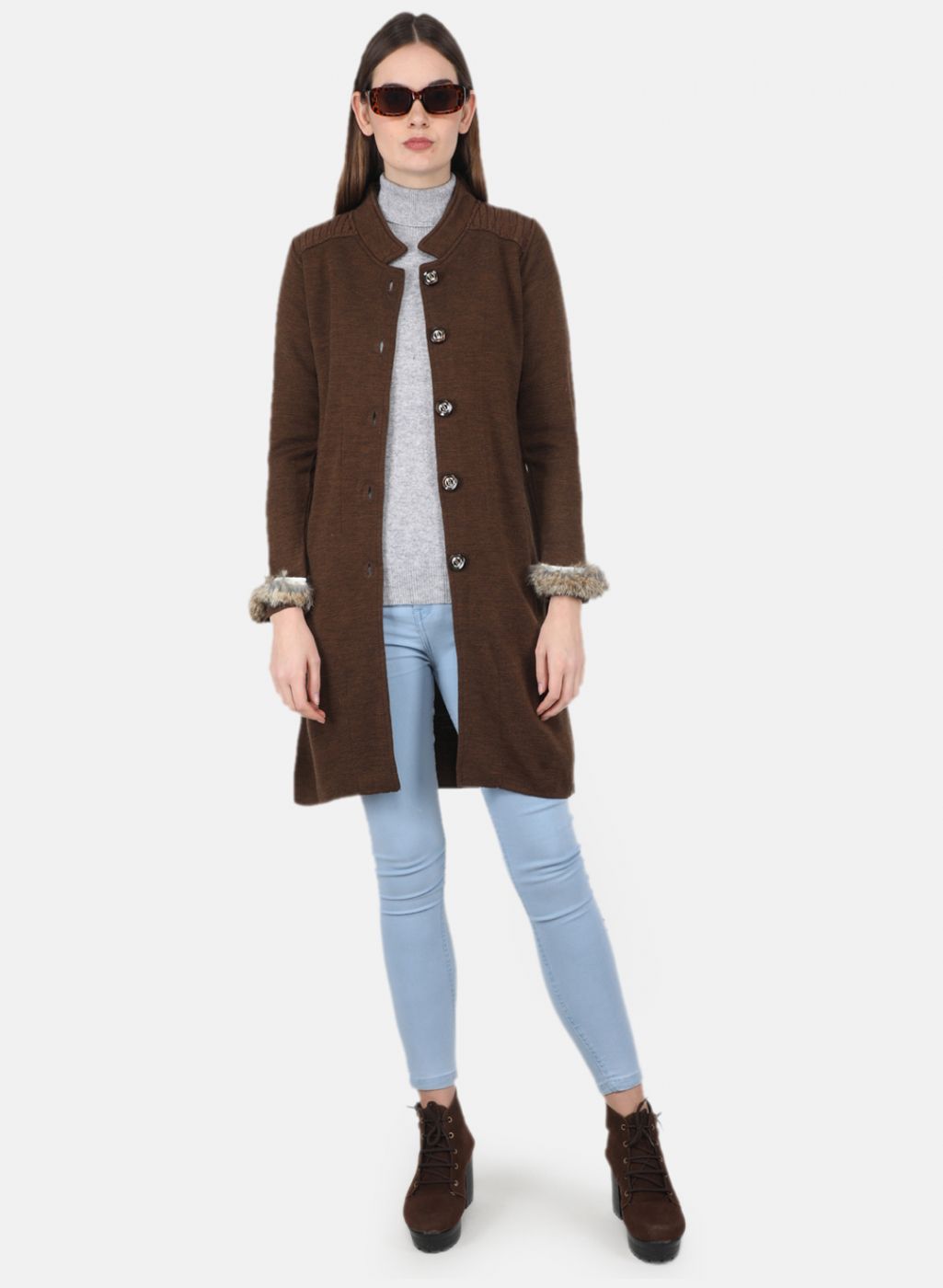 Women Brown Self Design Coat