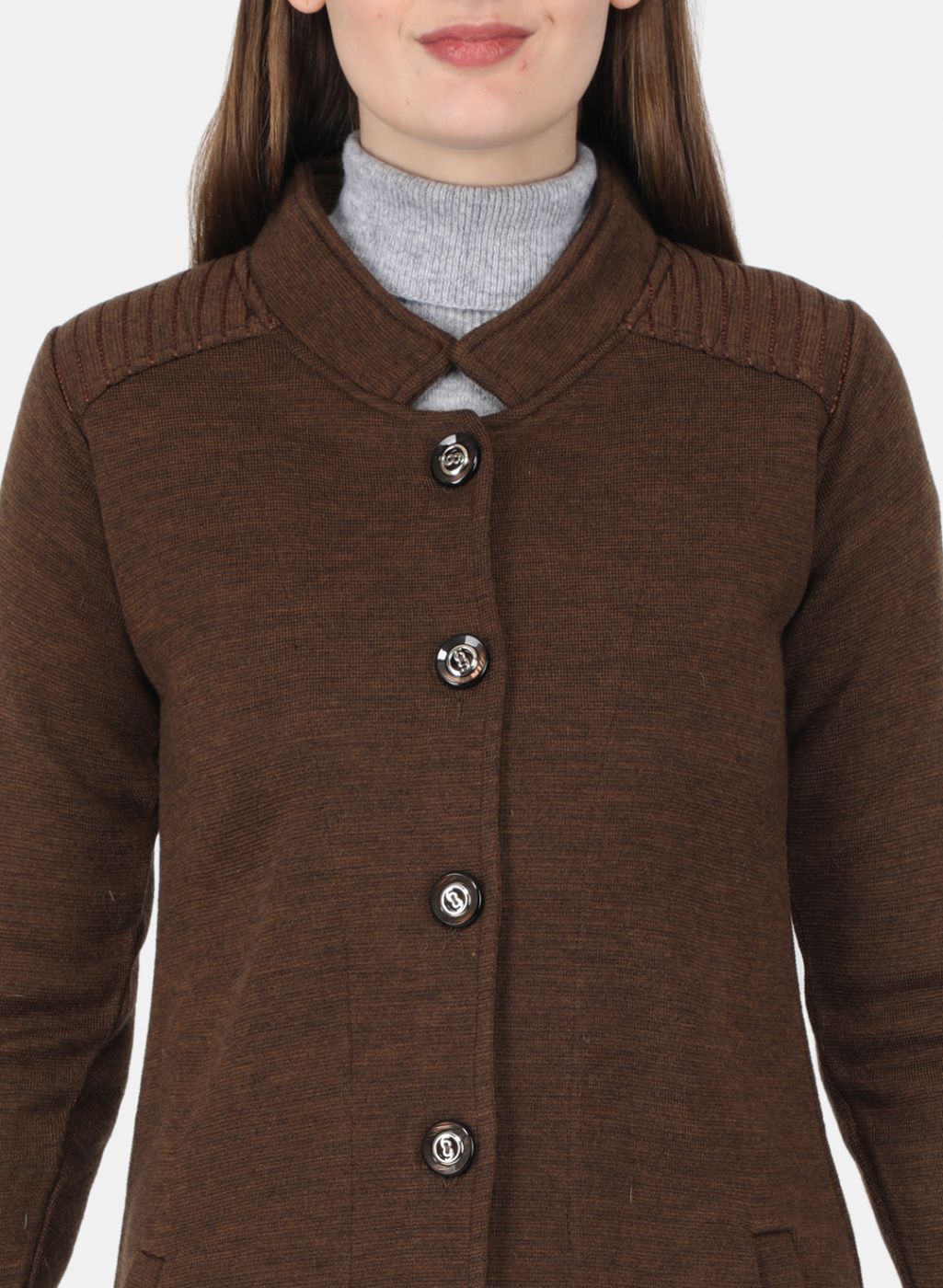 Women Brown Self Design Coat