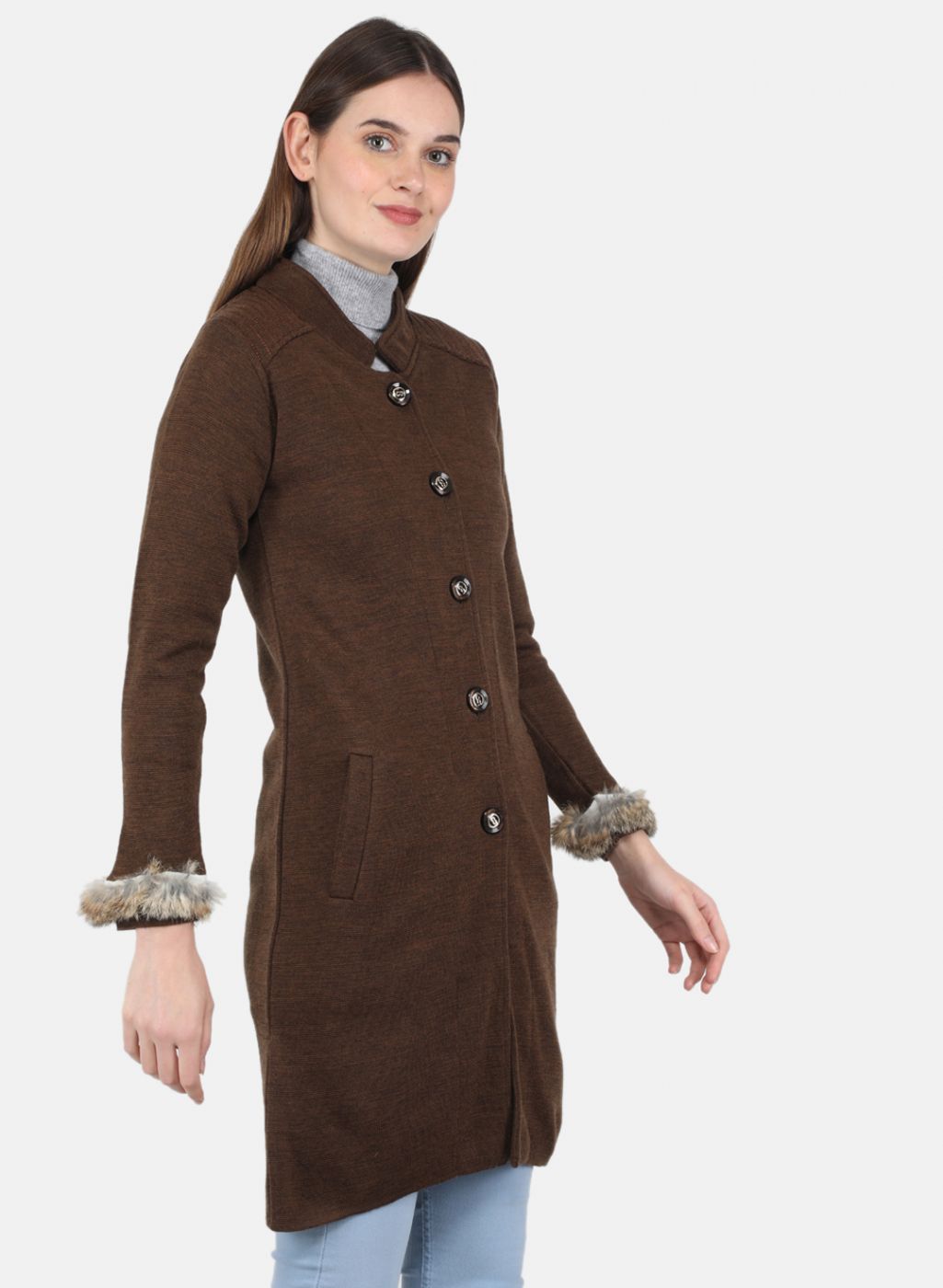 Women Brown Self Design Coat