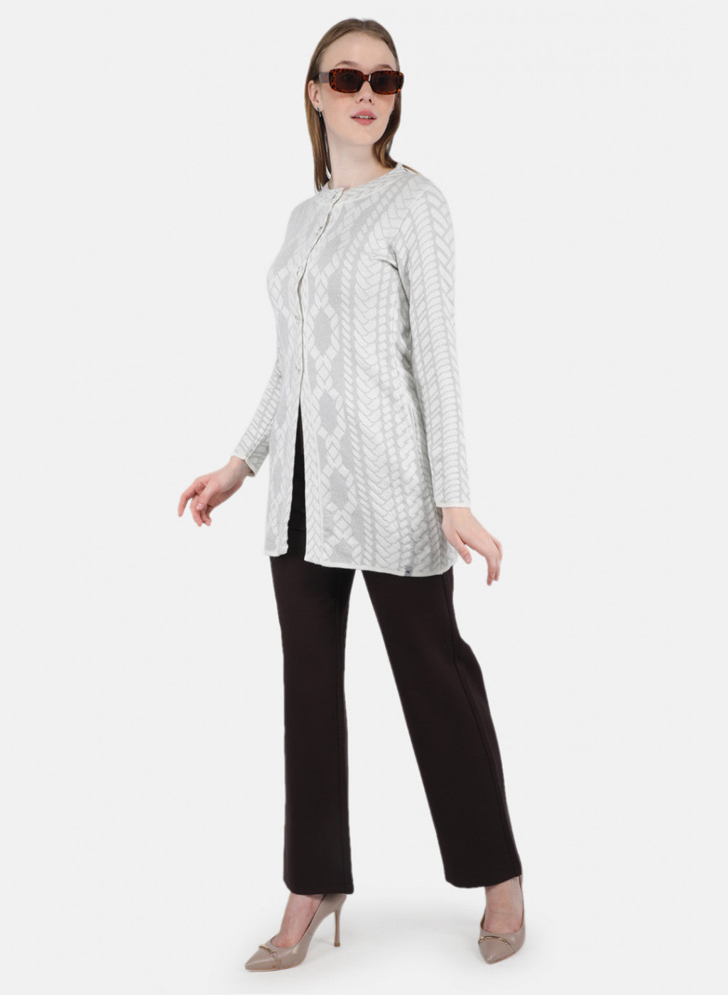 Women White Self Design Coat