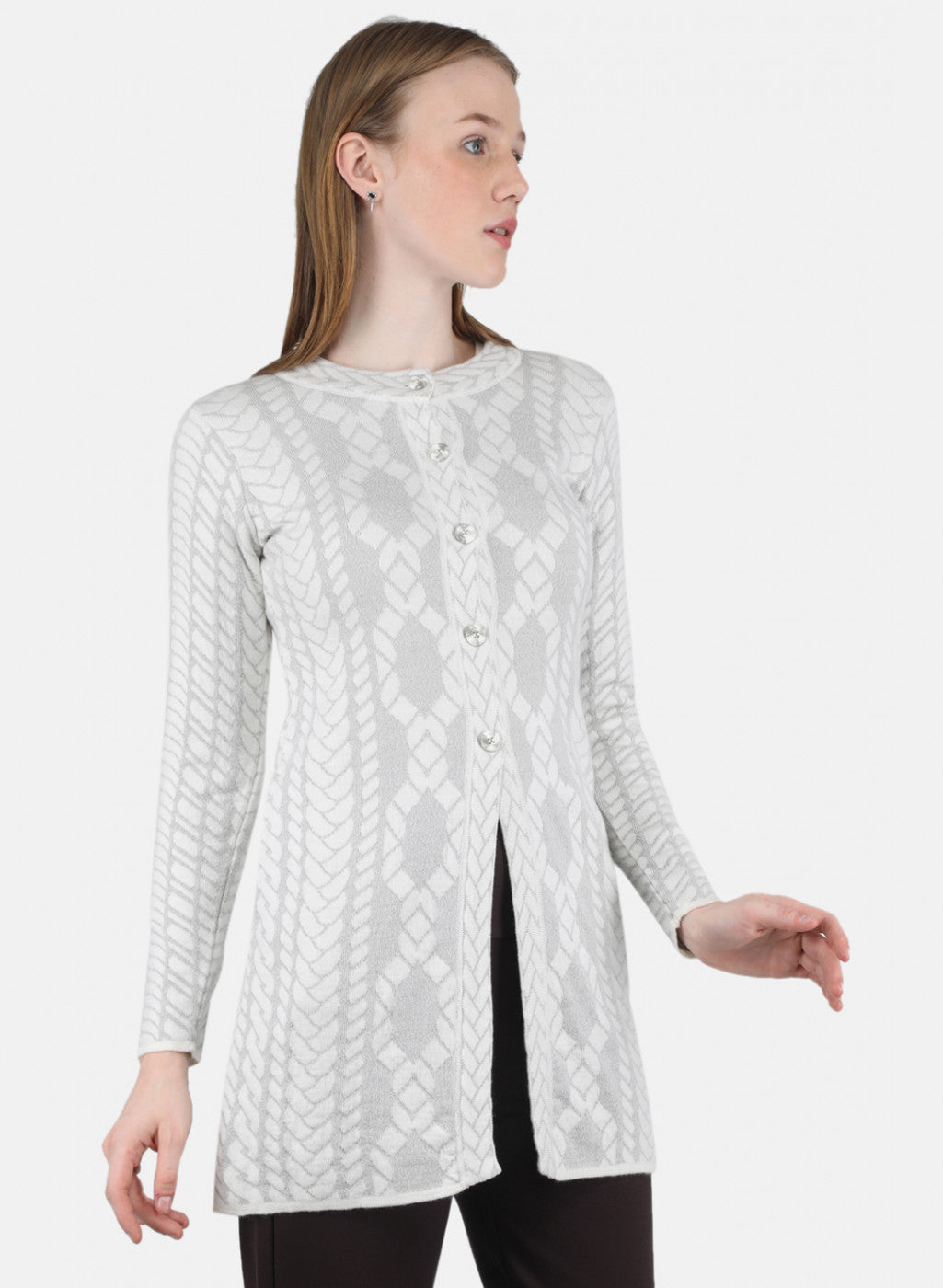 Women White Self Design Coat