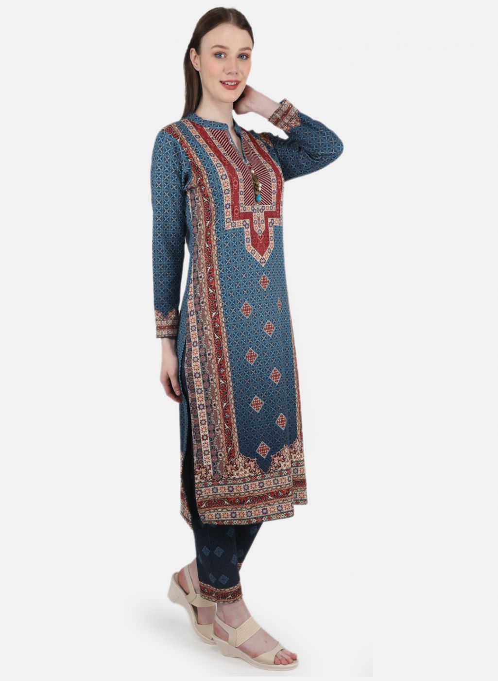 Women Blue Self Design Kurti+Lower Set