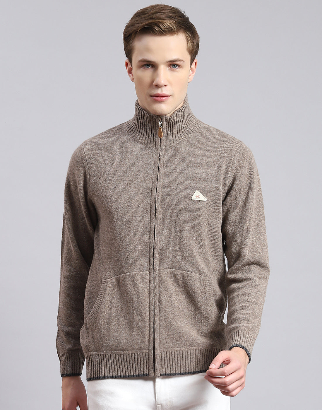 Men Brown Solid Stand Collar Full Sleeve Sweater