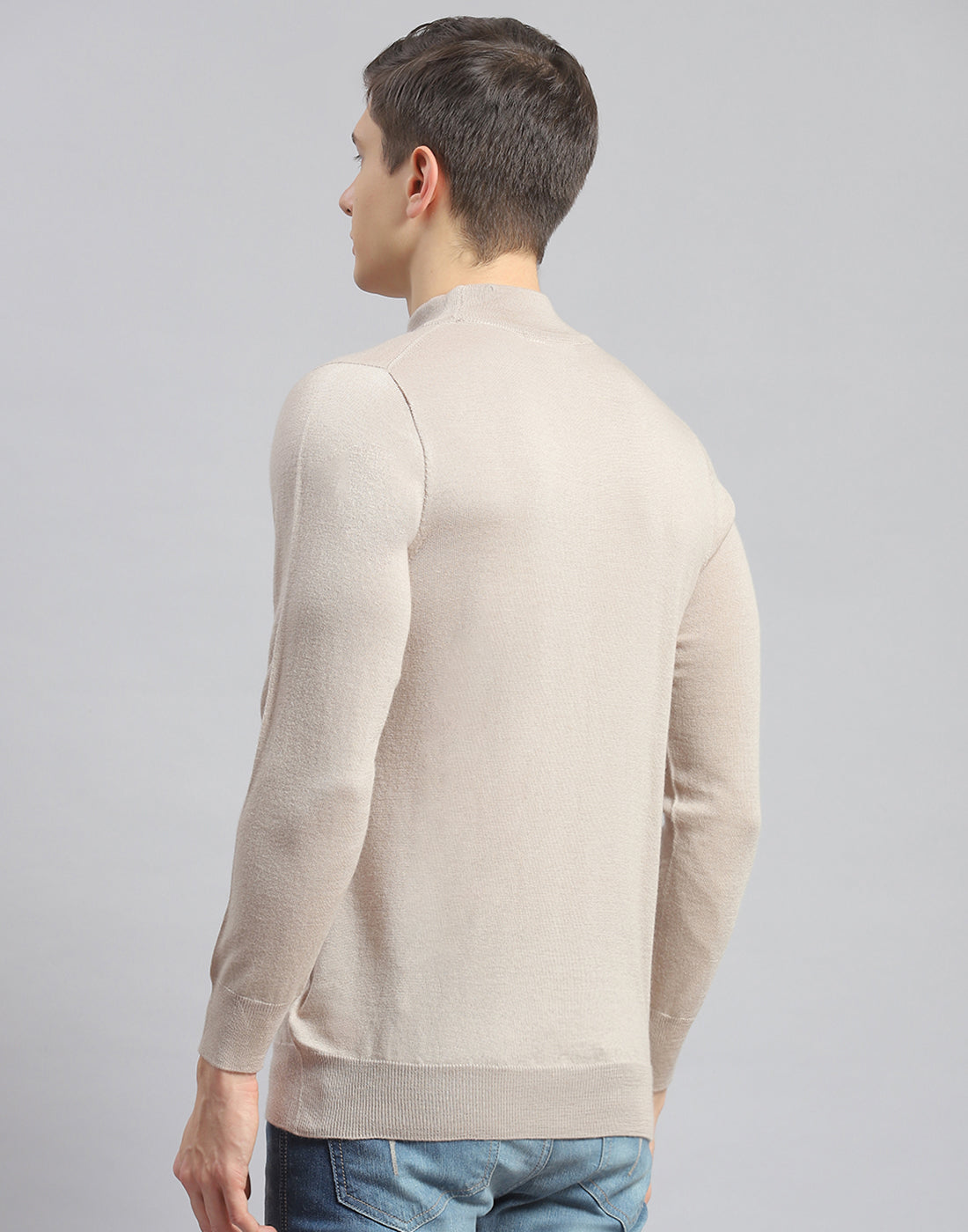 Men Beige Solid T Neck Full Sleeve Pullover