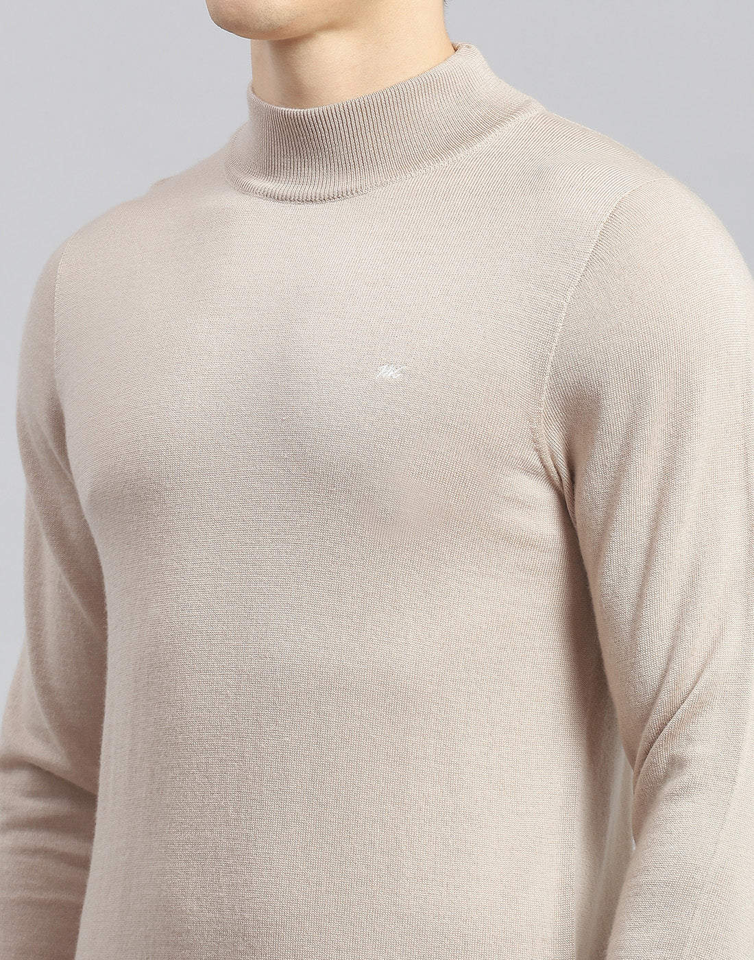 Men Beige Solid T Neck Full Sleeve Pullover