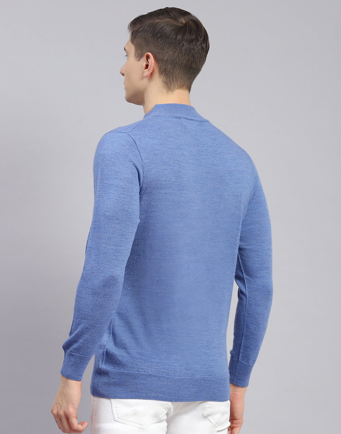 Men Blue Solid T Neck Full Sleeve Sweater