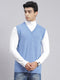 Men Blue Solid V Neck Sleeveless Sweaters/Pullovers