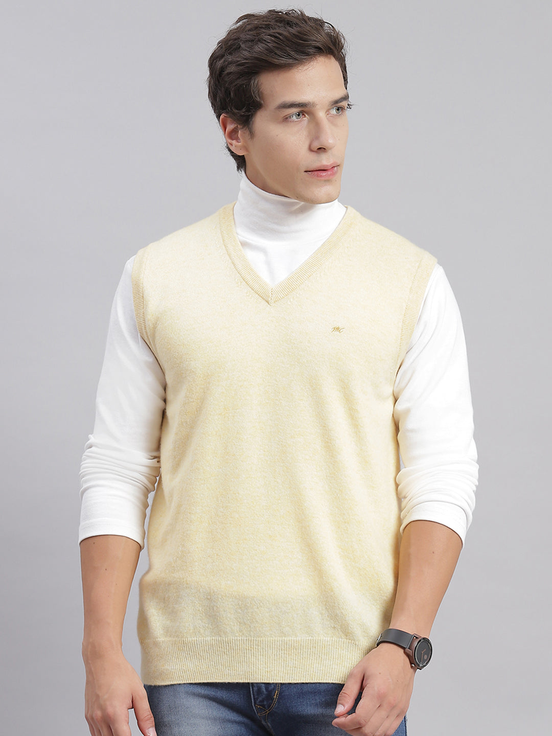 Men Beige Solid V Neck Sleeveless Sweaters/Pullovers