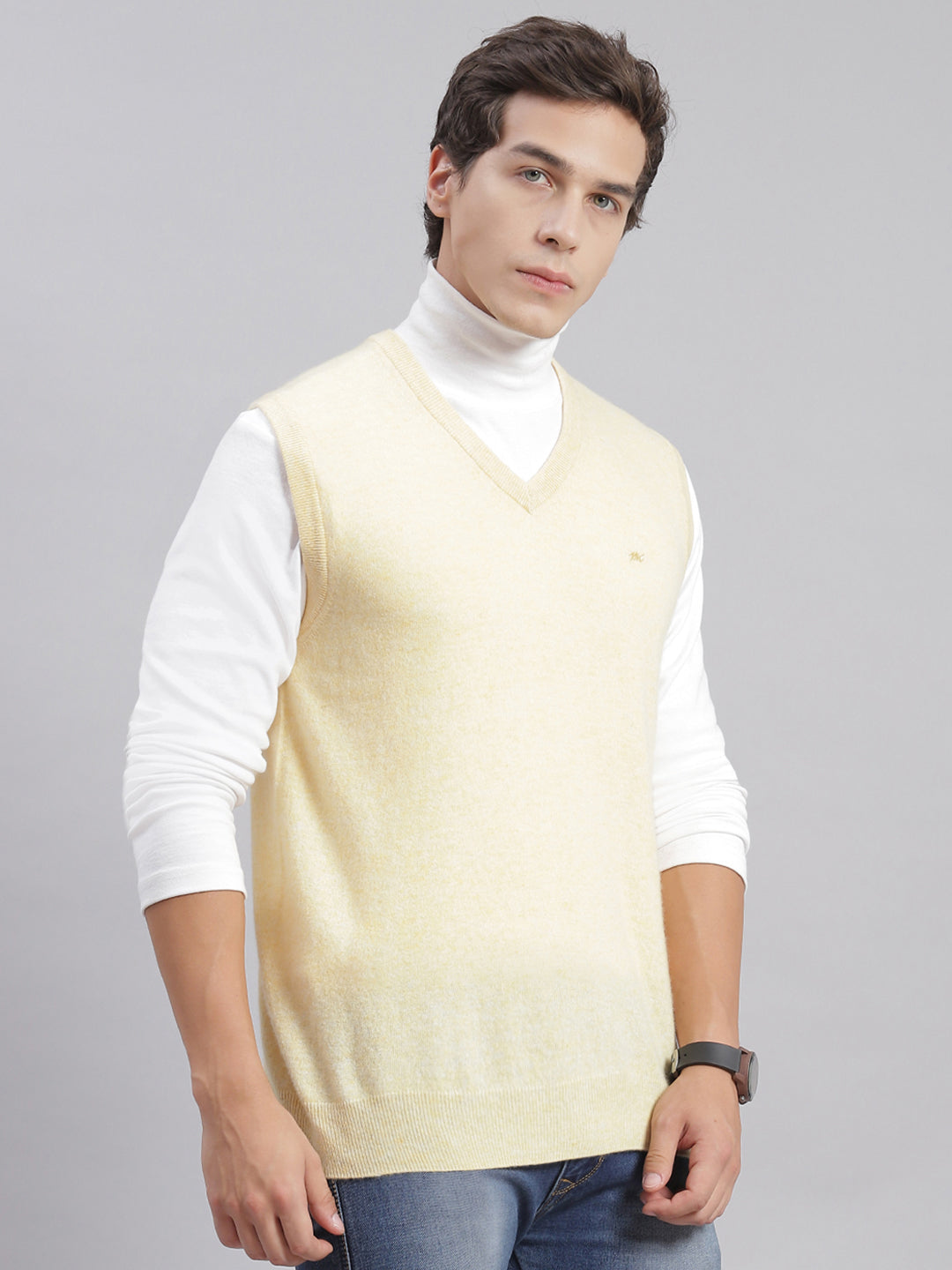 Men Beige Solid V Neck Sleeveless Sweaters/Pullovers