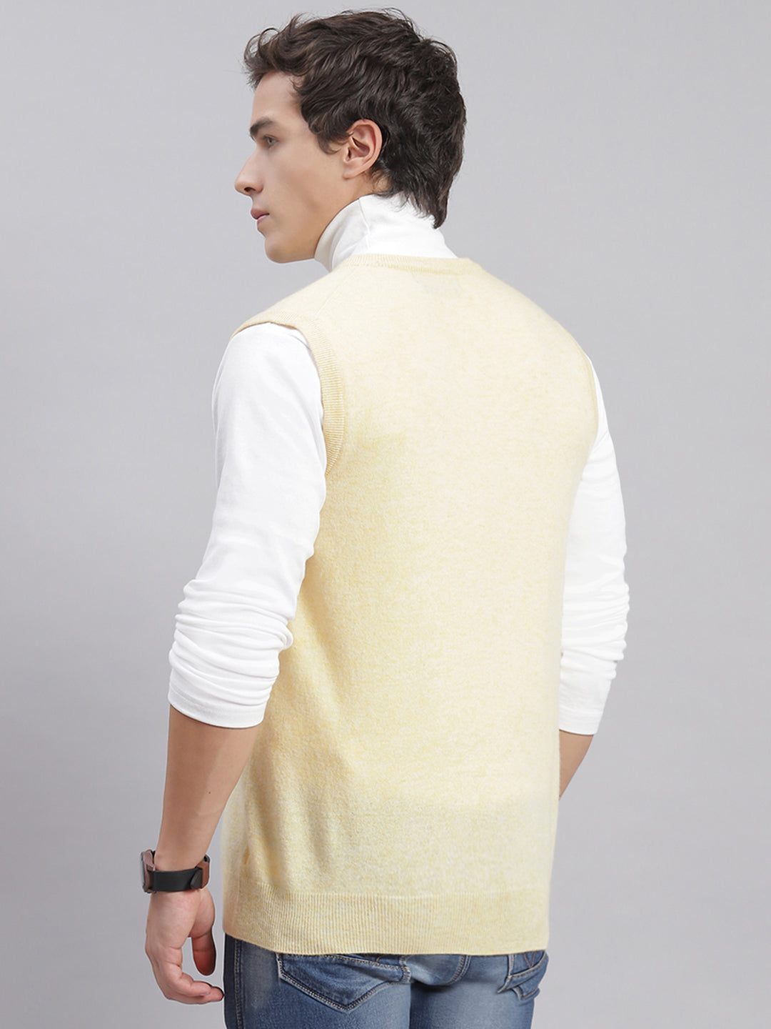 Men Beige Solid V Neck Sleeveless Sweaters/Pullovers