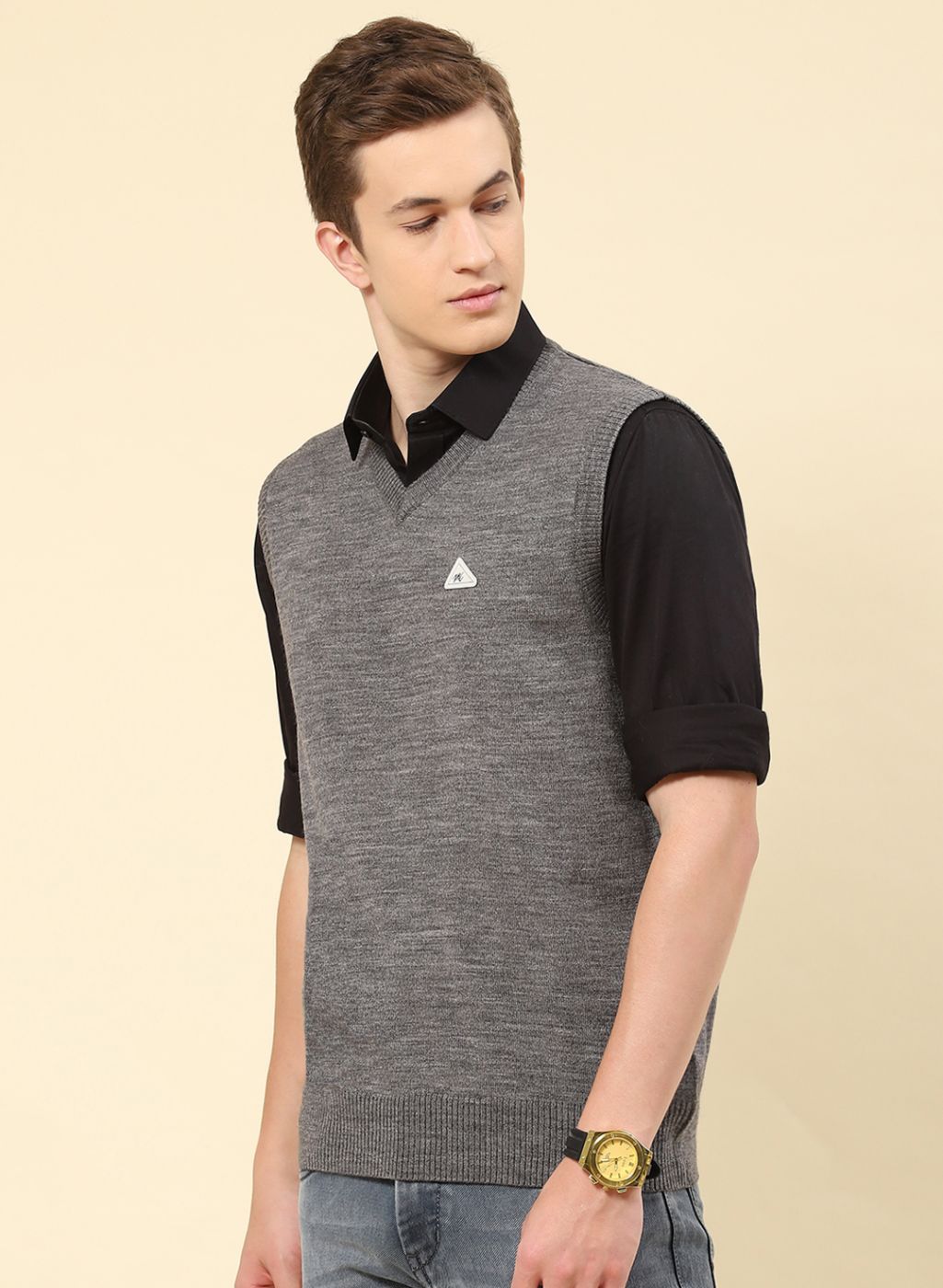 Men Grey Solid Blend wool Sweater