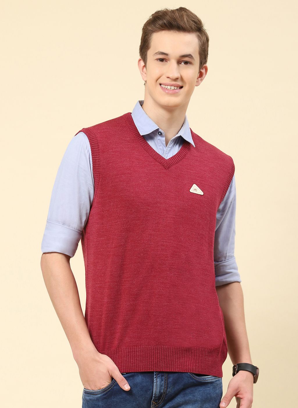 Men Dark Pink Solid Blend wool Sweater