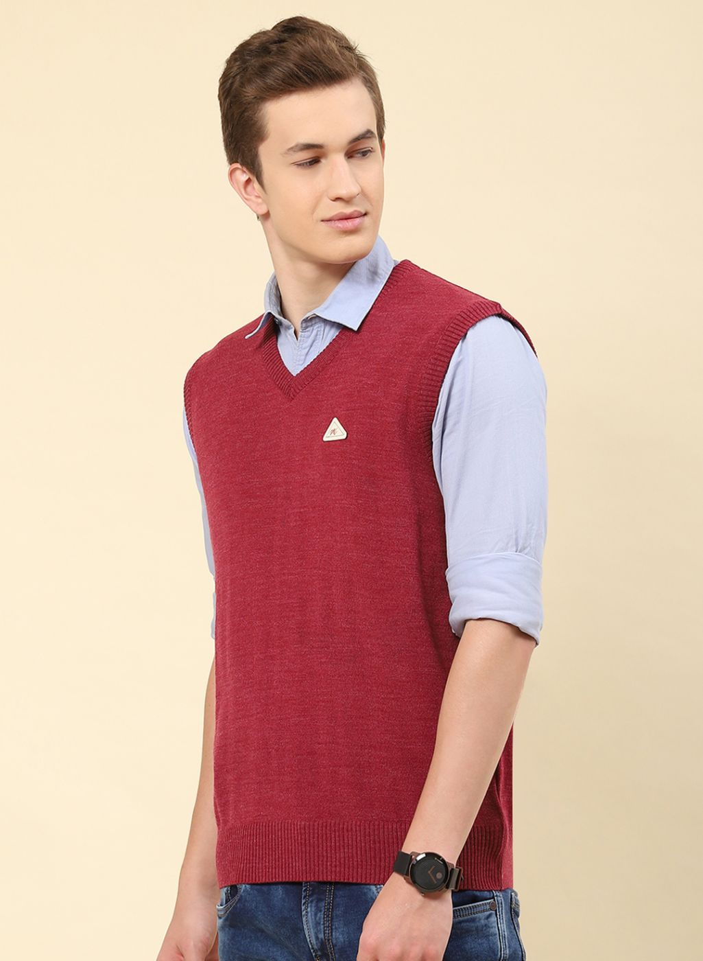 Men Dark Pink Solid Blend wool Sweater