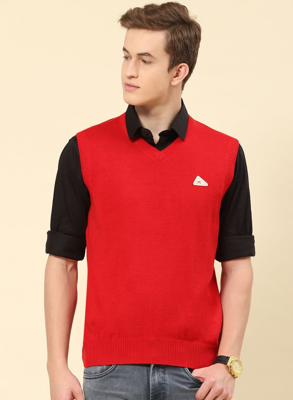 Men Red Solid Blend wool Sweater