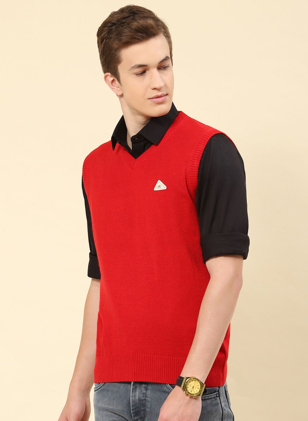 Men Red Solid Blend wool Sweater