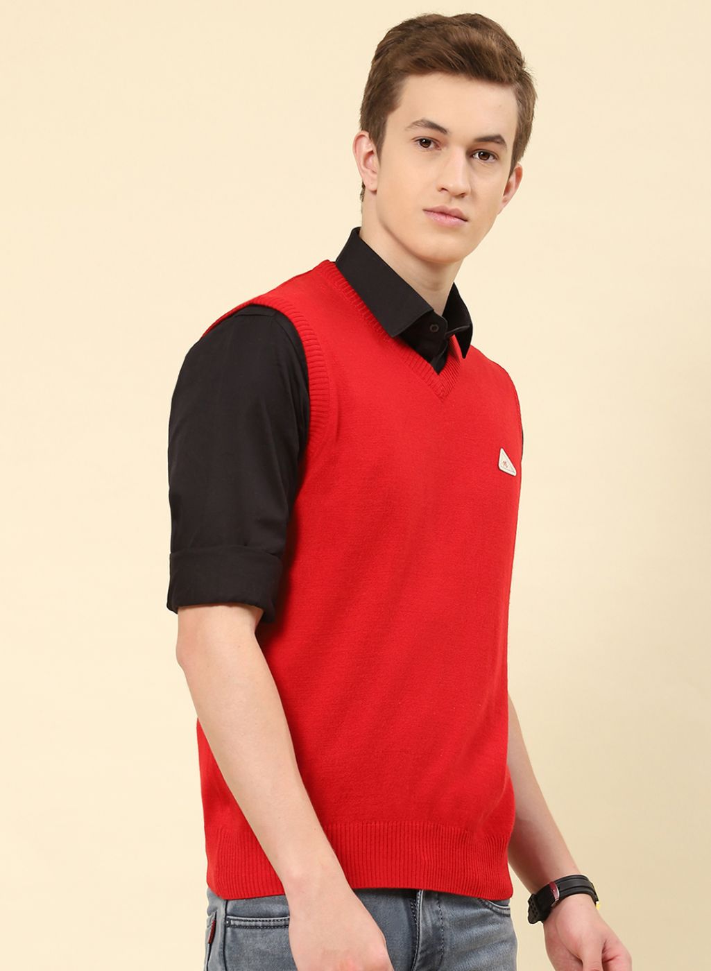 Men Red Solid Blend wool Sweater